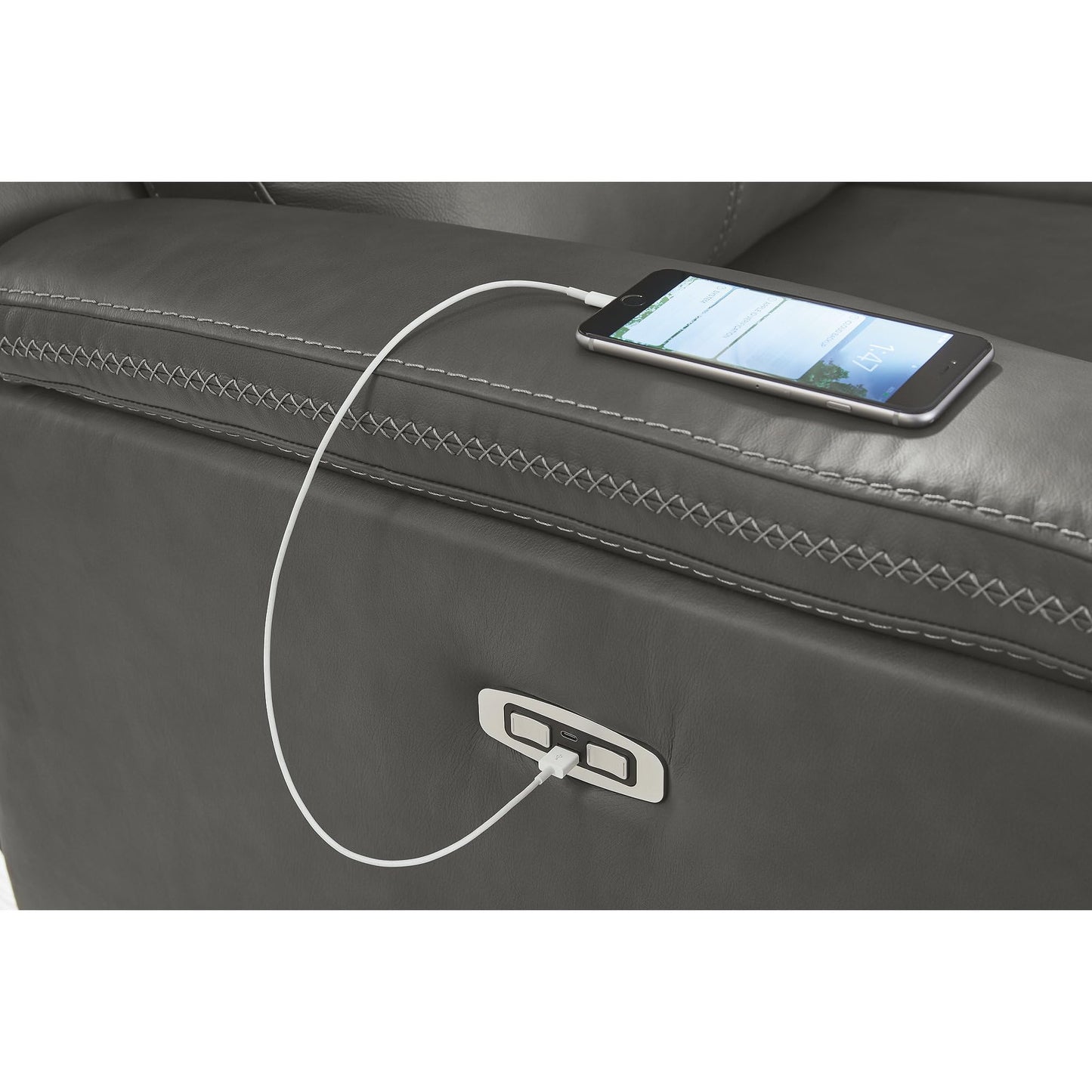 Signature Design by Ashley Burnley Contemporary Leather Match Power Reclining Sofa with Adjustable Headrest and USB Charging Port, Gray