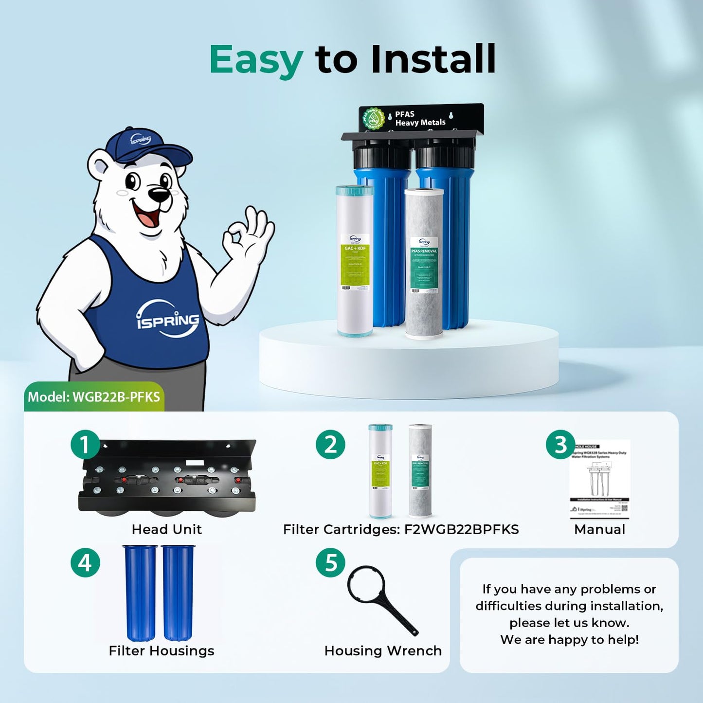iSpring PFAS & Heavy Metal Whole House Water Filter System, Also Reduces Chlorine, Hydrogen Sulfide, Odor, Bad Taste, SGS-Tested Reducing up to 99% of PFAS, 1” Inlet/Outlet, Model: WGB22B-PFKS