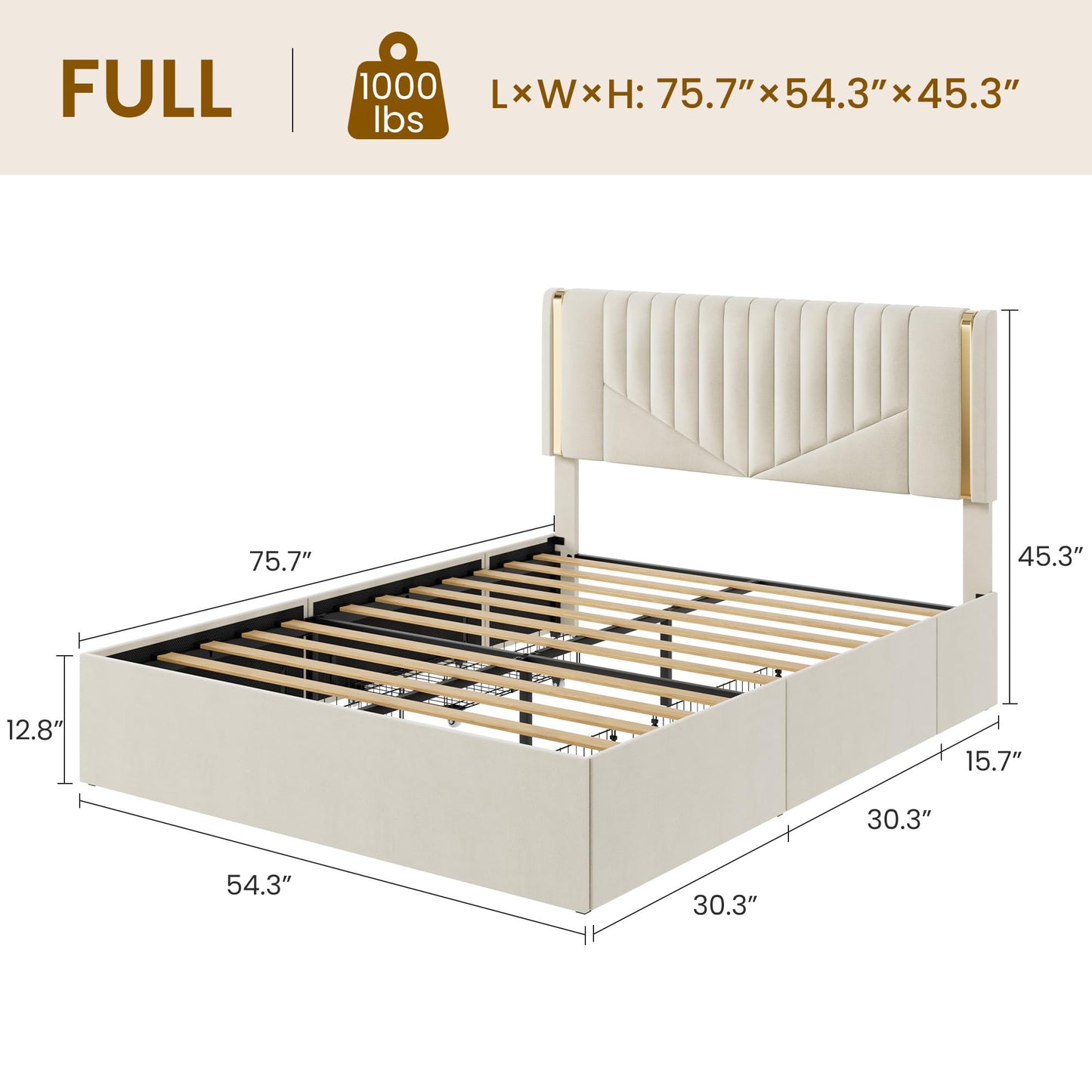 Garvee Upholstered Full Size Bed Frame with Adjustable Headboard, Luxury Golden Tufted Platform Bed with 4 Storage Drawers, Wooden Slats Support, No Box Spring Needed, Easy Assembly - Beige