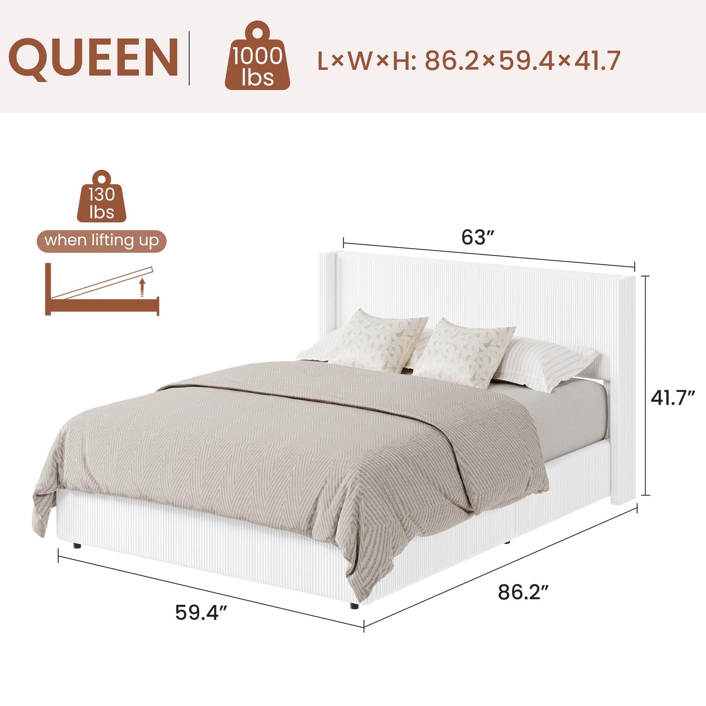 Garvee Queen Lift Up Storage Bed Frame, Corduroy Upholstered Platform Bed with Gas Lift, Padded Headboard, Wooden Slat Support, No Box Spring Needed, Easy Assembly, White