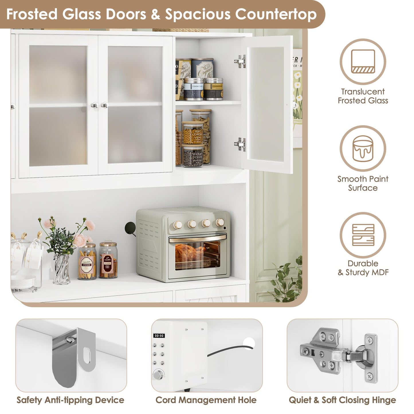 BOTLOG 72" Tall Kitchen Pantry Cabinet, 55.1" Wide Large Kitchen Hutch with Microwave Countertop, Coffee Bar Station with Drawer & Doors, White Freestanding Buffet Cupboard for Dining Room