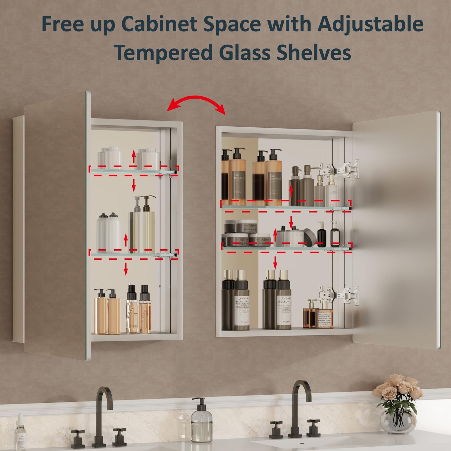 20x28 Inch Medicine Cabinet with Mirror, Recessed or Surface Mounted Bathroom Cabinets for Storage, 2 Fully Adjustable Tempered Glass Shelves, Soft-close DTC Hinges, HD Reflection Mirror Door, Silver
