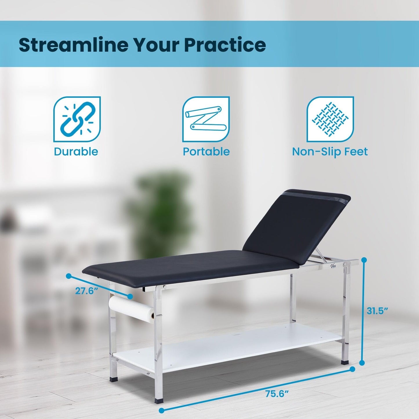 AdirMed VivaComfort Patient Exam Table with Shelf, Adjustable Back, and Foldable Legs, Medical Exam Table Black