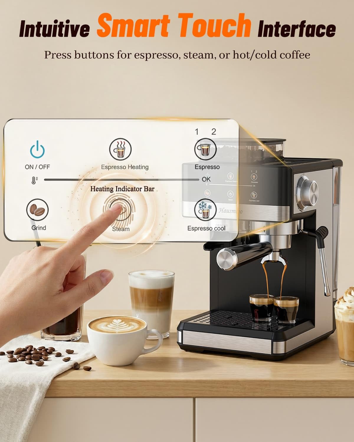 Hausmojo Espresso Machine with Grinder & Milk Frother, 20 Bar
