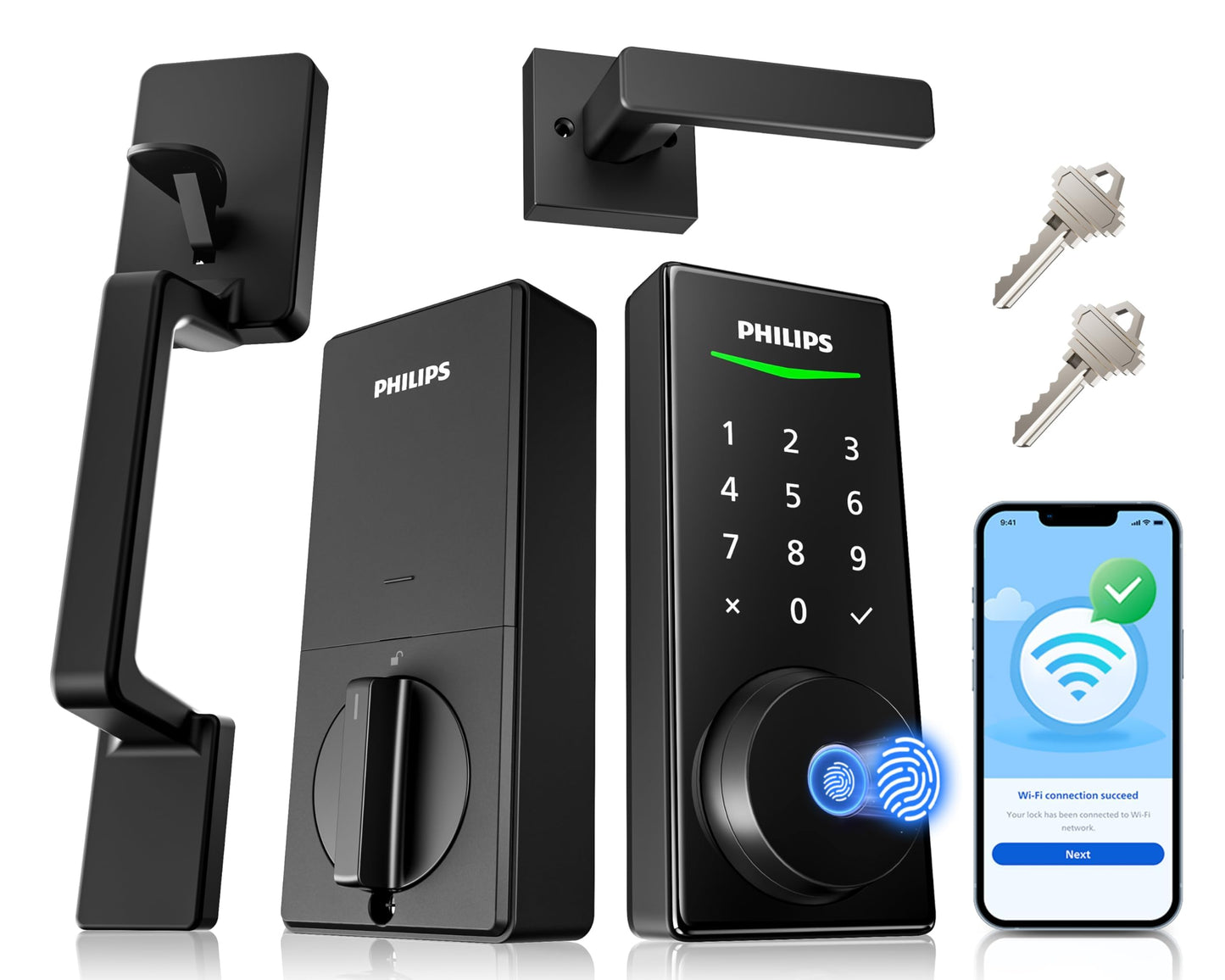 Philips Touchscreen WiFi Smart Lock with Handle Set, Built-in WiFi, Remote Control & Voice Control, Fingerprint Keyless Entry Door Lock, Smart Locks for Front Door Deadbolt, Auto-Lock, Matte Black