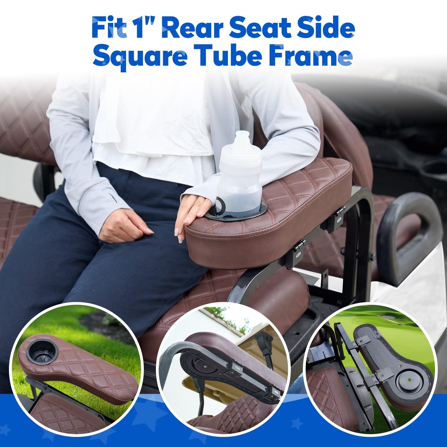 NOKINS Golf Cart Seat Covers for YAMAHA/G29/Drive2, Vinyl Front&Rear Seat Cover with Flip-Up Armrests kit, with Cup Holder, for 1" Square Tube (Brown&Brown 8438)