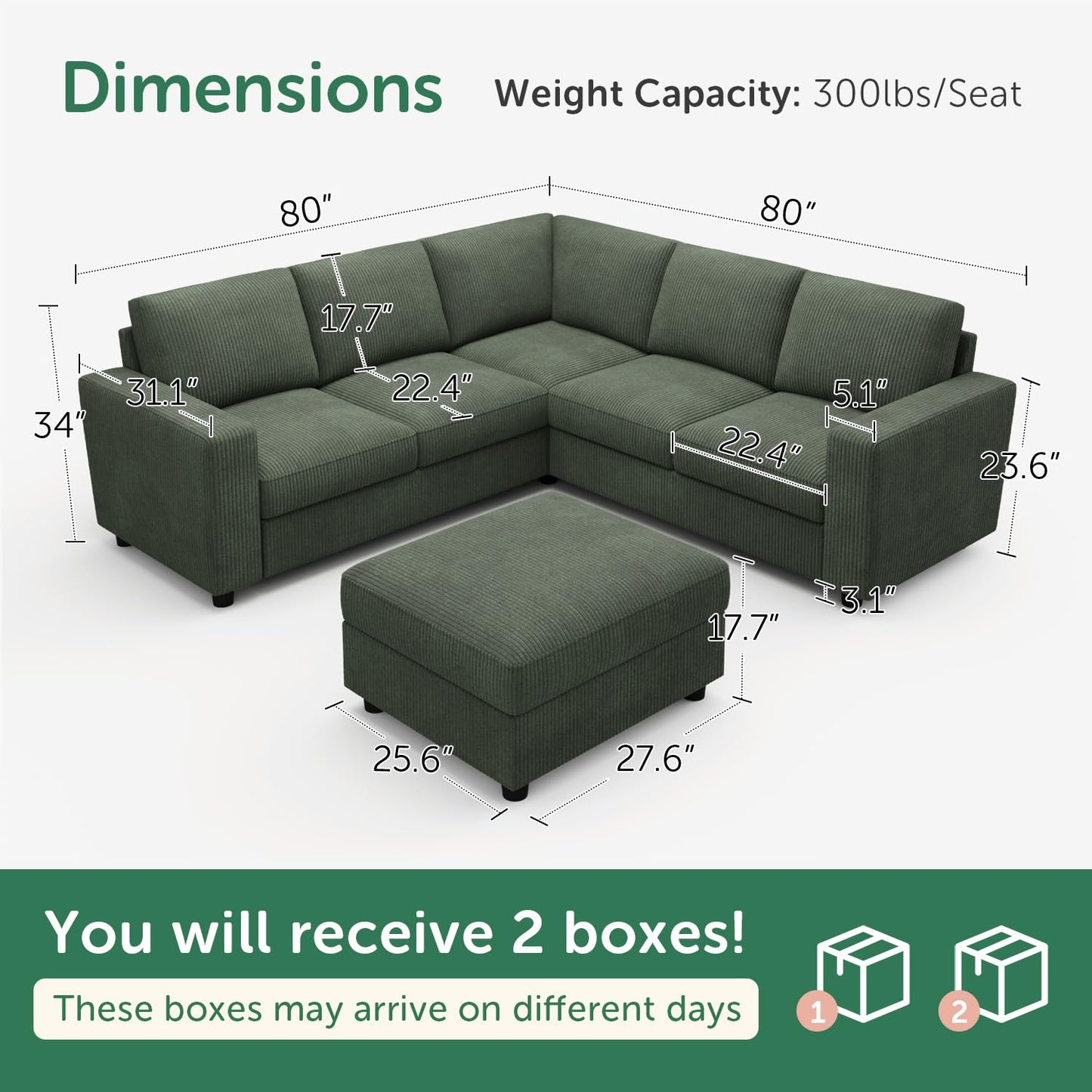 HONBAY Corduroy Sectional Sofa, 80 Inch 6 Seats L Shaped Couch with Ottoman for Living Room, Green