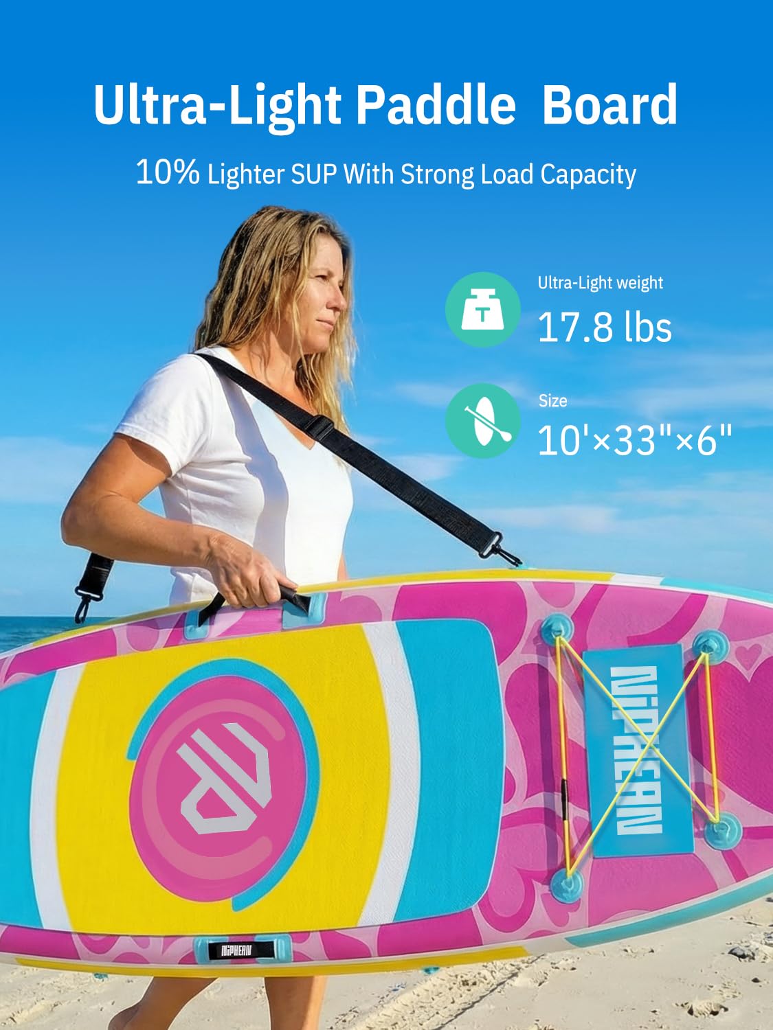 Niphean（Ultra-Light） Inflatable Paddle Board with StabilTrac Fin and Durable SUP Accessories, 10' Stand Up Paddle Boards for Adults & Youth, Versatile Yoga Paddle Board, Gift Ideas-Rainbow Heart