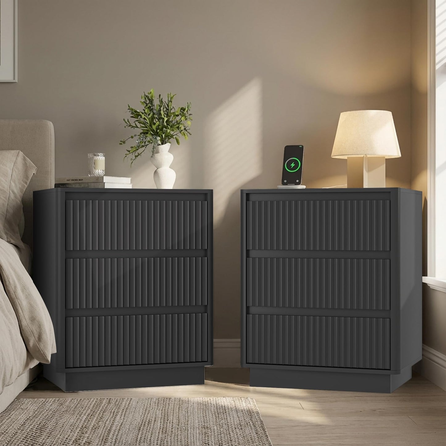 Set of 2 Nightstands with Charging Station, Rounded Corner Fluted Bedside Tables with 3 Drawers & Cable Management, Modern End Tables for Bedroom, Black