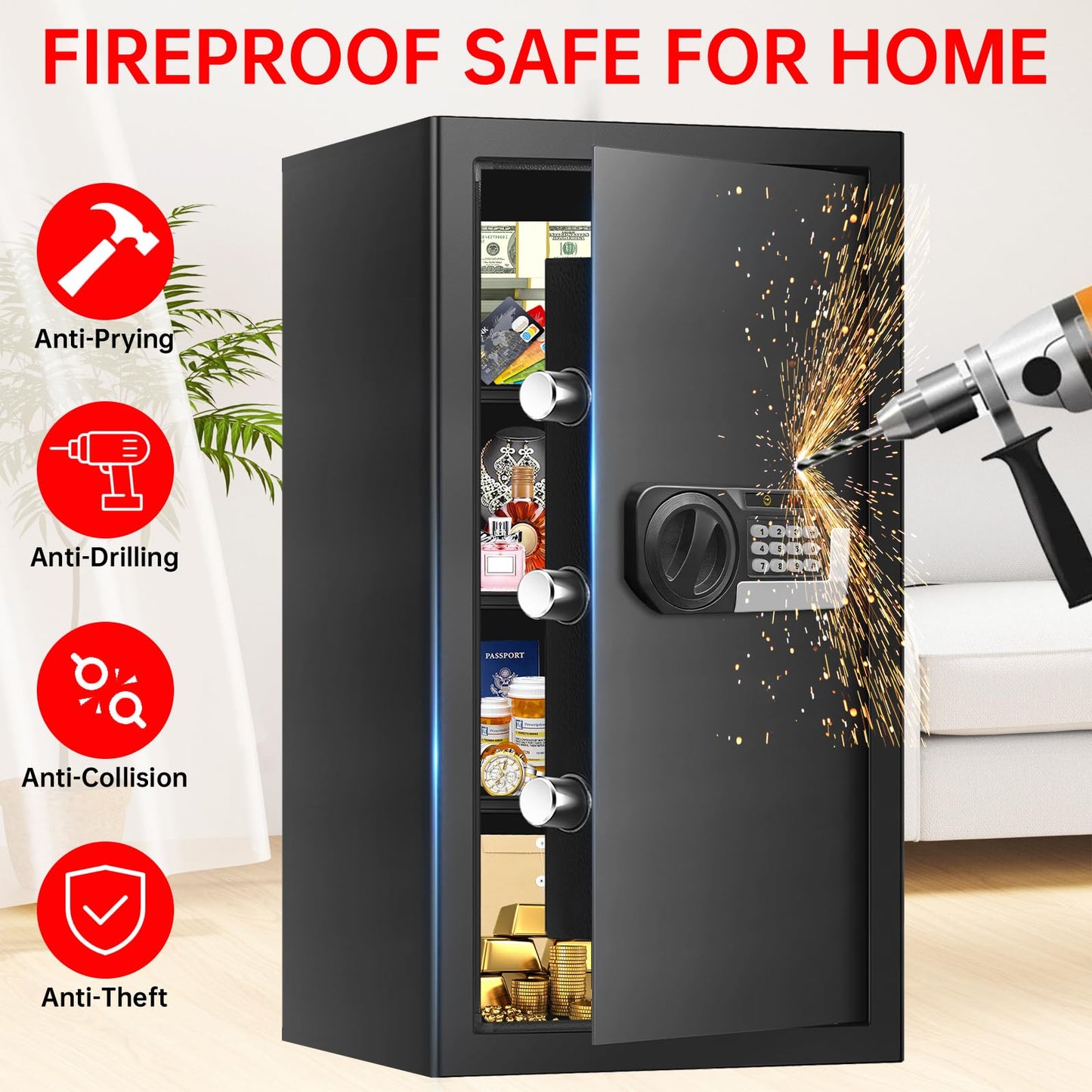 6.2 Cuft Large Home Safes Water and Fireproof with Digital Keypad & Key Lock, Fire Security Safe Box with 3 Removable Shelves, Fireproof Safes for Money Documents Jewelry, 27.56"H x13.78"W x 11.81"D