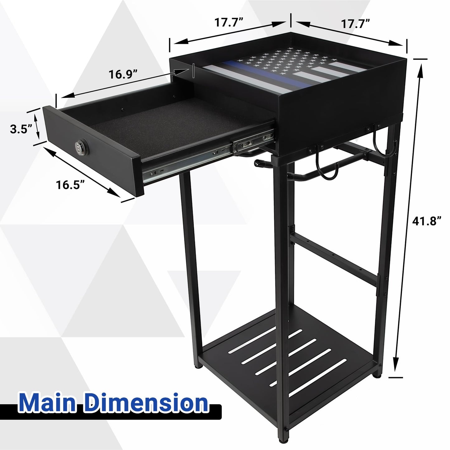Neoaider Police Gear Stand with Gun Storage 42" x 18" x 18”, Police Hanger with 5 Hooks, Tactical Duty Gear Rack Decor with Thin Blue Line Flag, Black Body Armor Stand for Police Gift