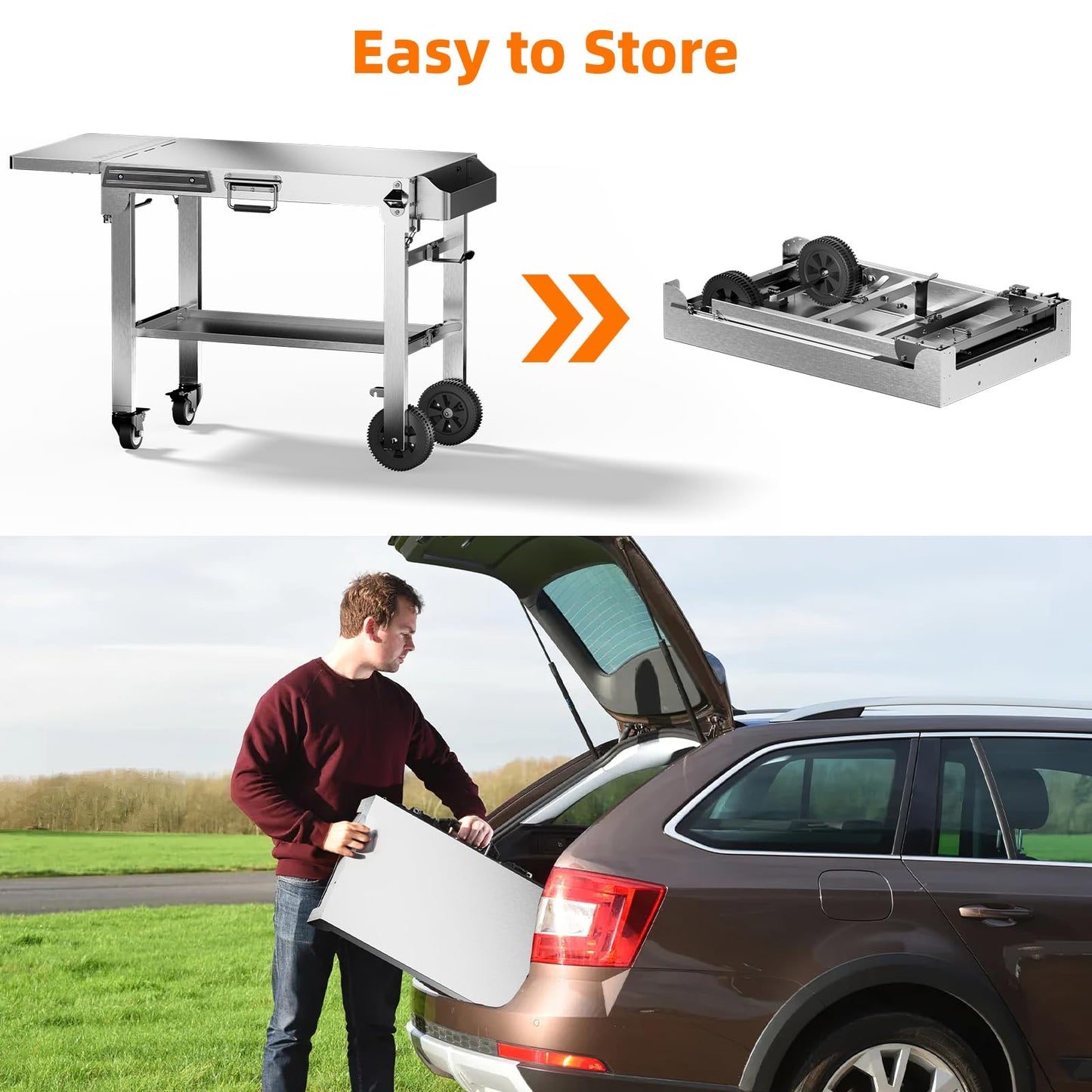 Electactic Food Grade 304 Stainless Steel BBQ Grill Carts fits 22'' Tabletop Griddle, Outdoor grill Table with 4 Foldable Legs, Portable Grill Stand for RV, Camping, Tailgating