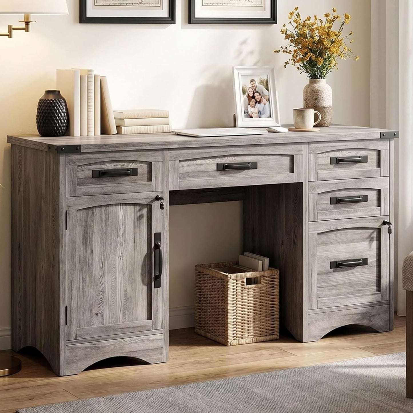 Decofy Farmhouse Executive Desk with Drawers, 55" Home Office Desks with Fast Charging Station, Lockable File Cabinet, Wood Writing Computer Desk for Work, Study, Grey