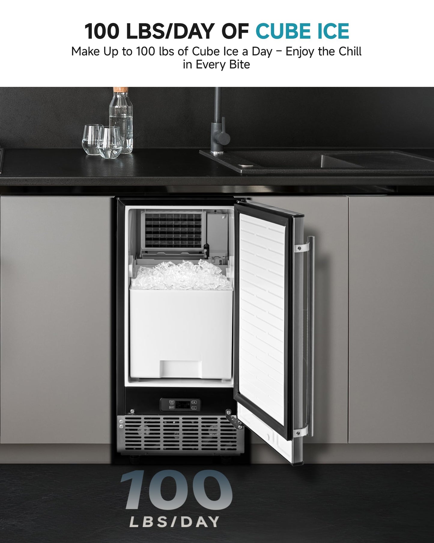 EUHOMY Under Counter Ice Maker with Drain Pump, 100 lbs/Day Ice Machine, Auto-Cleaning & 24H Timer, Stainless Steel Commercial Ice Maker with 24 lbs Storage for Home/Bar/Cafe/Restaurant