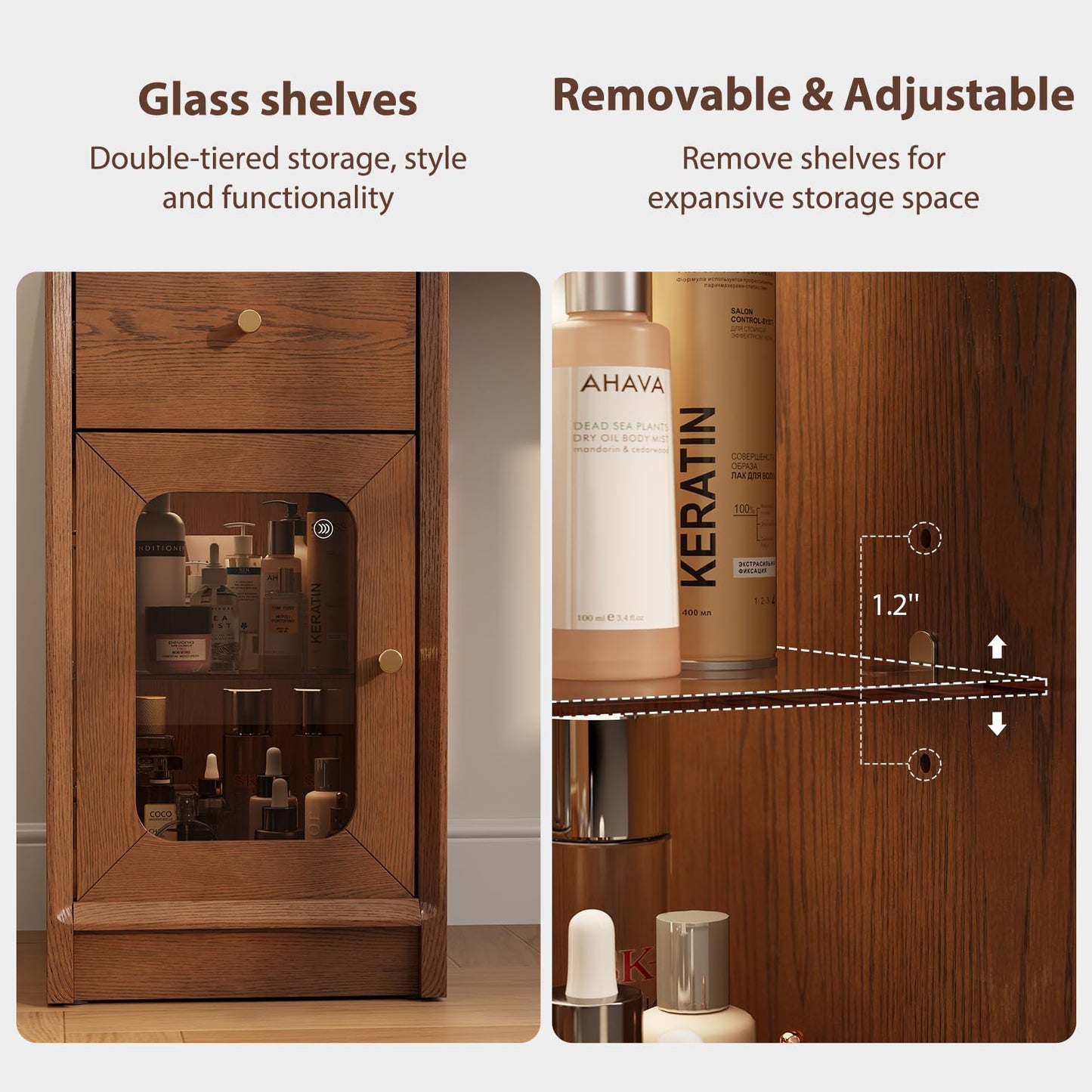 Luxury 100% Solid Wood Vanity Desk with Mirror, Mid-Century Modern Makeup Table with Glass Top & Ambient Light, 2-in-1 Vanity and Nightstand with Storage Cabinet for Bedroom ([Walnut] Desk + Mirror)