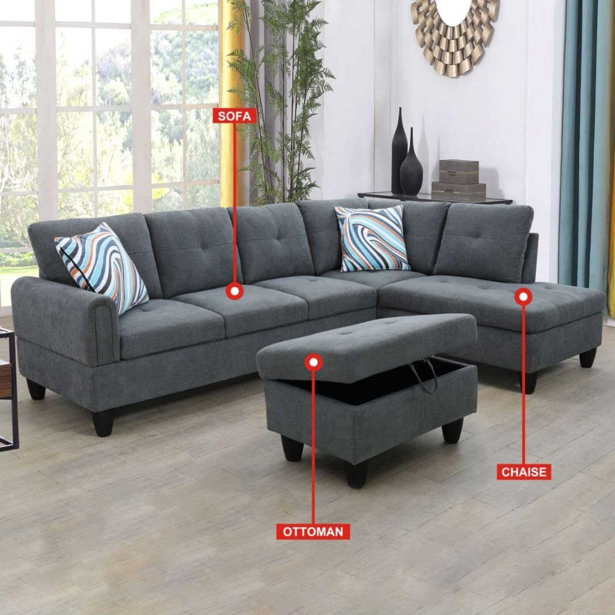 UOCFYK Dark Grey L-Shaped 3-Piece Flannel Sofa with Storage Ottoman Set, Sectional Couch Sofa Set for Living Room, Office, Small Space