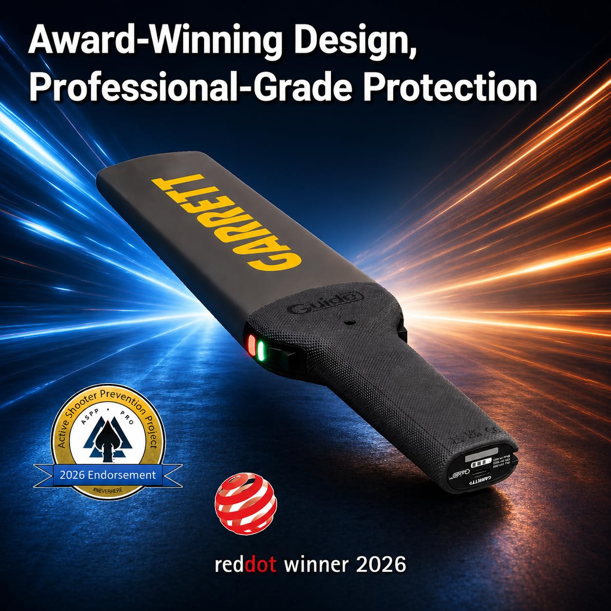 Garrett Guide Metal Detector Wand - Professional Handheld Security Scanner, Scans All Metals, Rechargeable Battery, Waterproof, Made in USA
