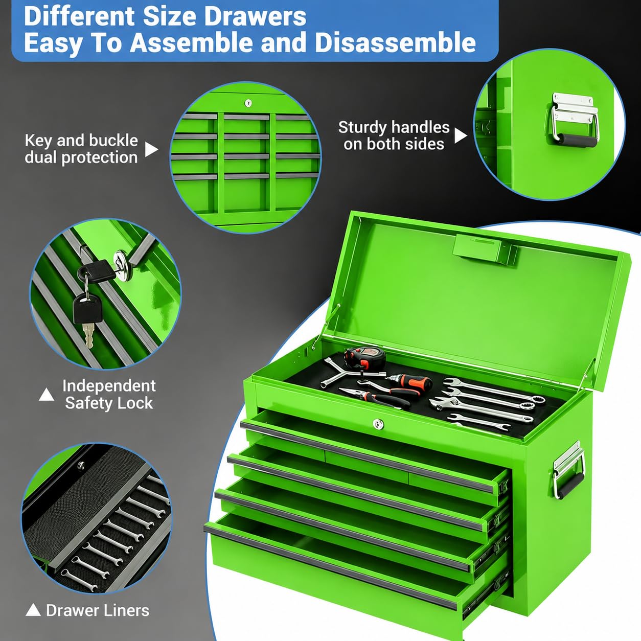 Garvee Large Capacity 20-Inch 5-Drawer Rolling Tool Chest & Cabinet - 2-in-1 Detachable Metal Organizer with Lockable Wheels, Lock Bar, Tool Rack & Liner for Garage & Workshop - Green