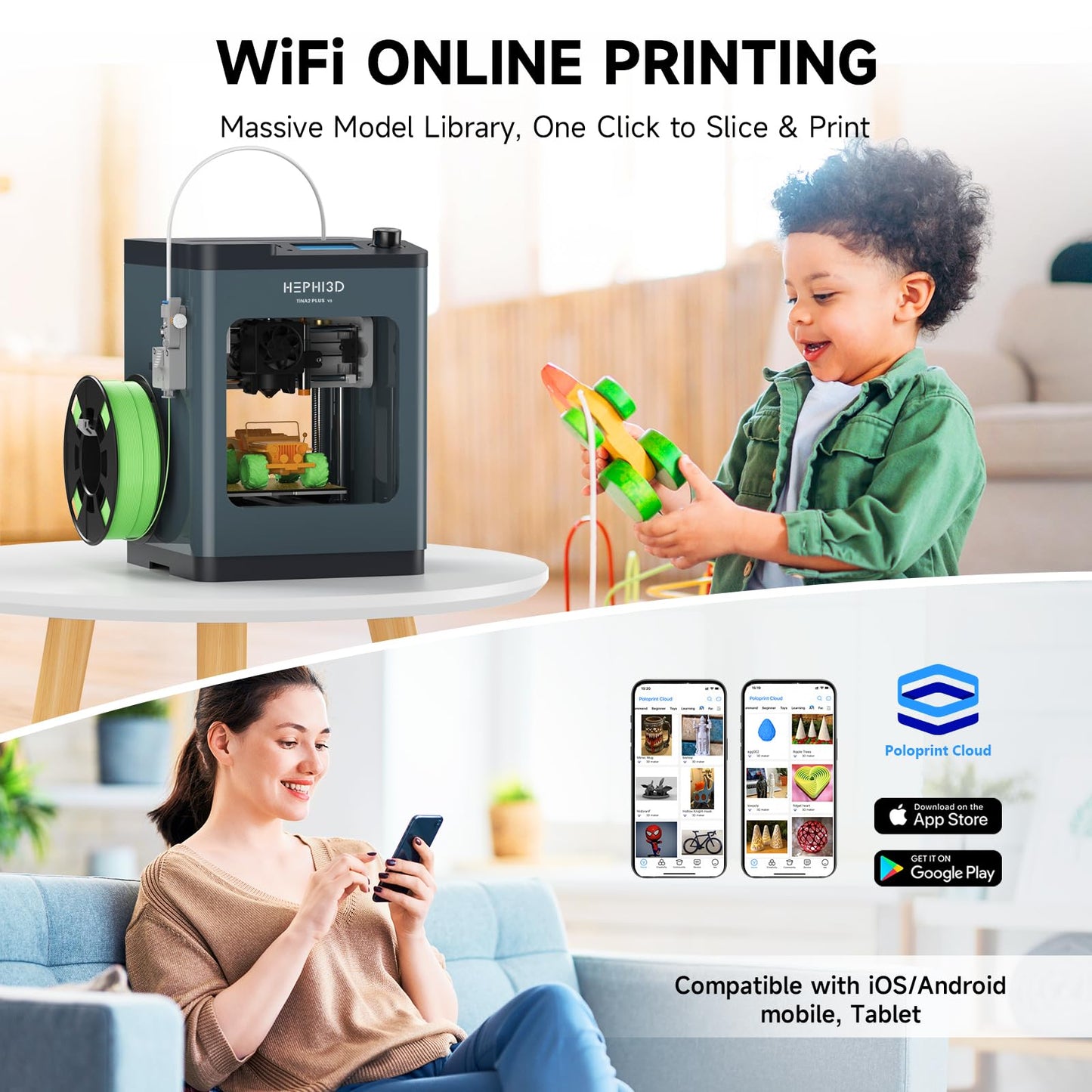HEPHi3D Tina2 Plus 3D Printer for Beginner & Kids, Fully Assembled 3D Printers with Smart APP, 250mm/s High Speed Auto Leveling High Precise Kids Mini 3D Printer, Open Source for Home, Office, School