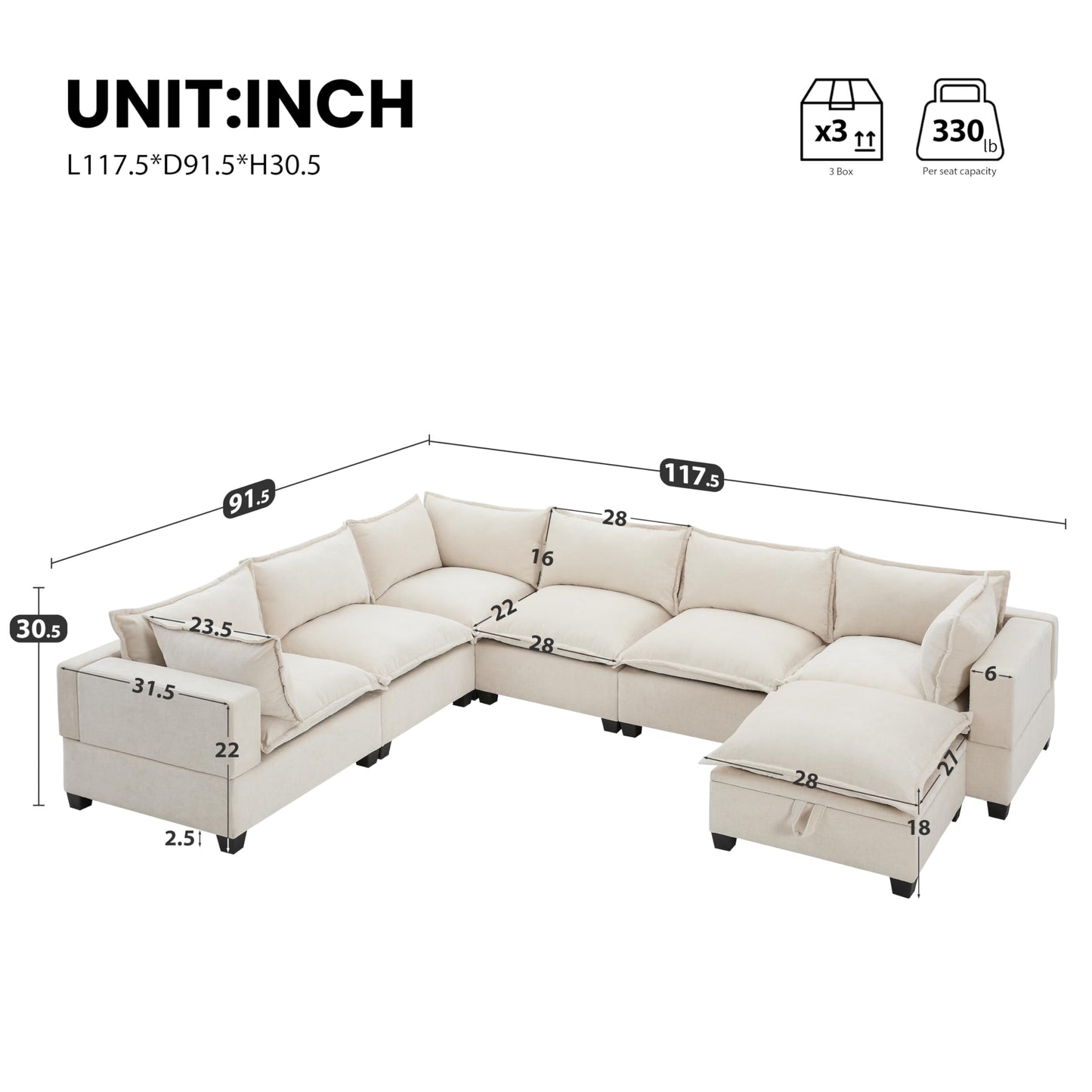 Merax Modern U-Shaped Modular Couch Set with Storage Ottoman, Chenille 7-Seat Sectional Sofa Sleeper Bed with Wide Seat for Living Room, Free Combination,Off White