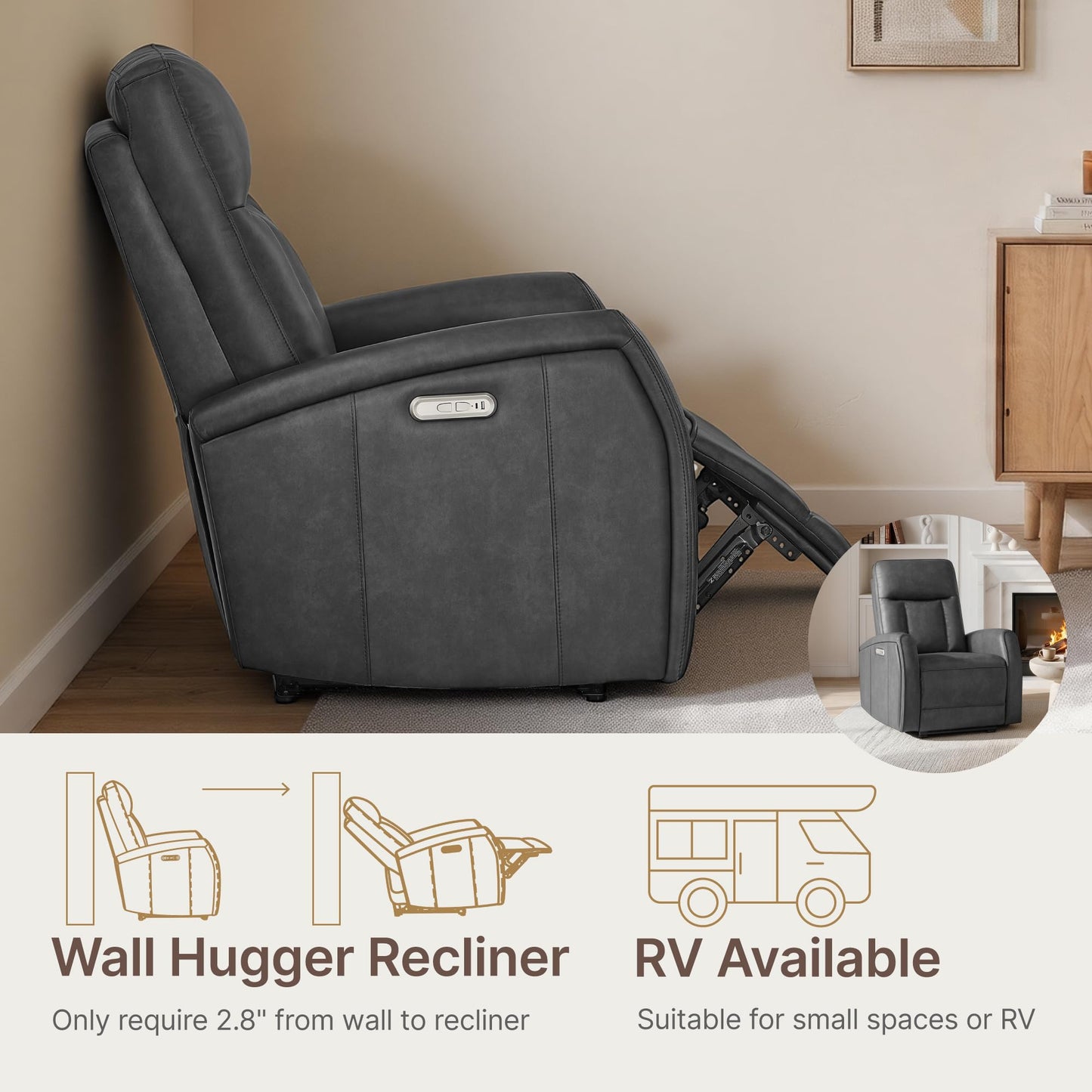 KISLOT Wall Hugger Power Recliner Chair with USB & Type-C Ports Faux Leather Recliner 135° Reclining Small Space Electric Sofa for RV Living Room Bedroom