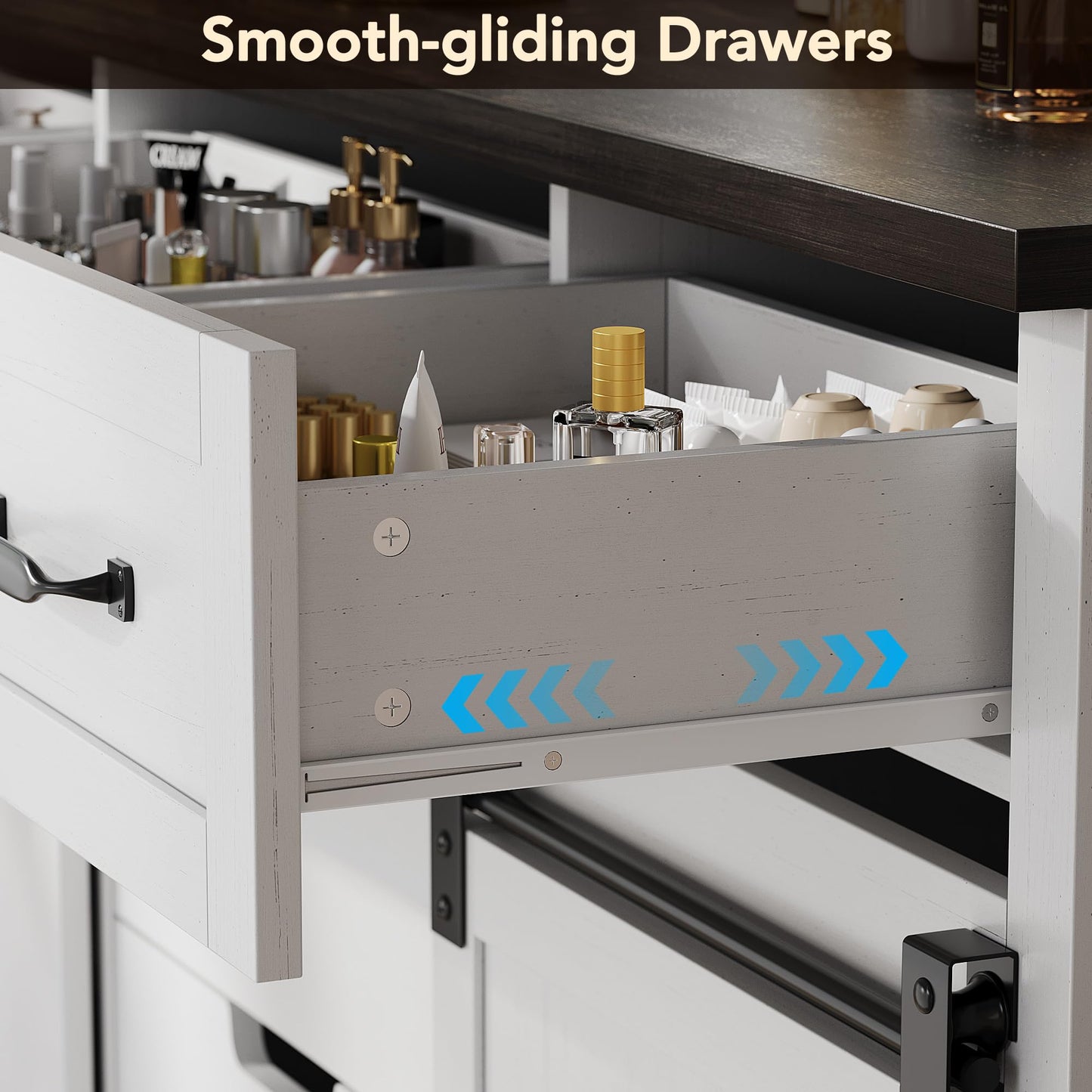 GarveeHome 47.2 in Farmhouse Buffet Cabinet, Sideboard Cabinet with LED Mirror, White Coffee Bar with 6 Drawers for Dinning Room, Kitchen, Living Room
