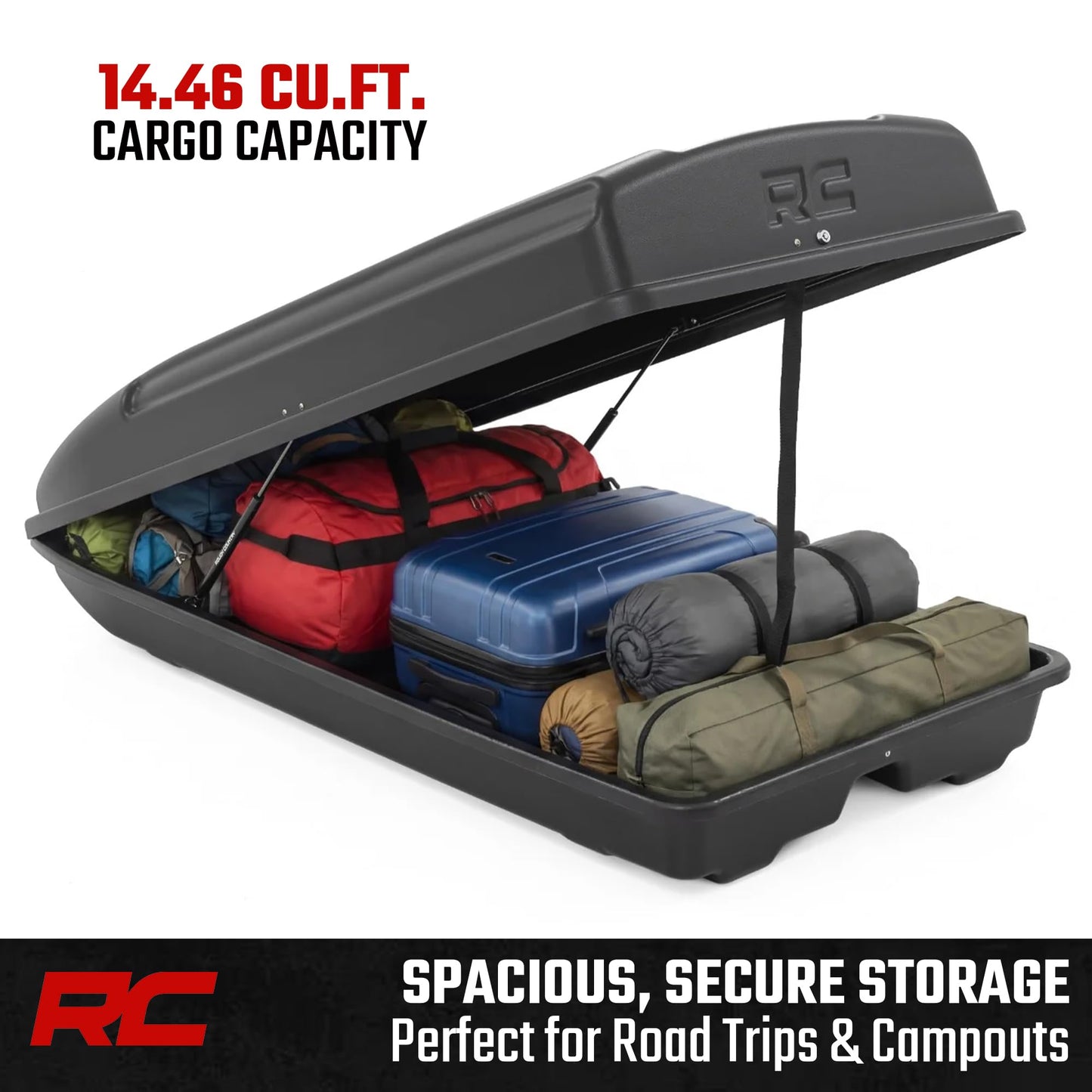 Rough Country Rooftop Cargo Box 14.5 Cu Ft – Hard Shell Roof Rack Storage Carrier, Strut Assisted, Lockable & Weatherproof, No Drill Install