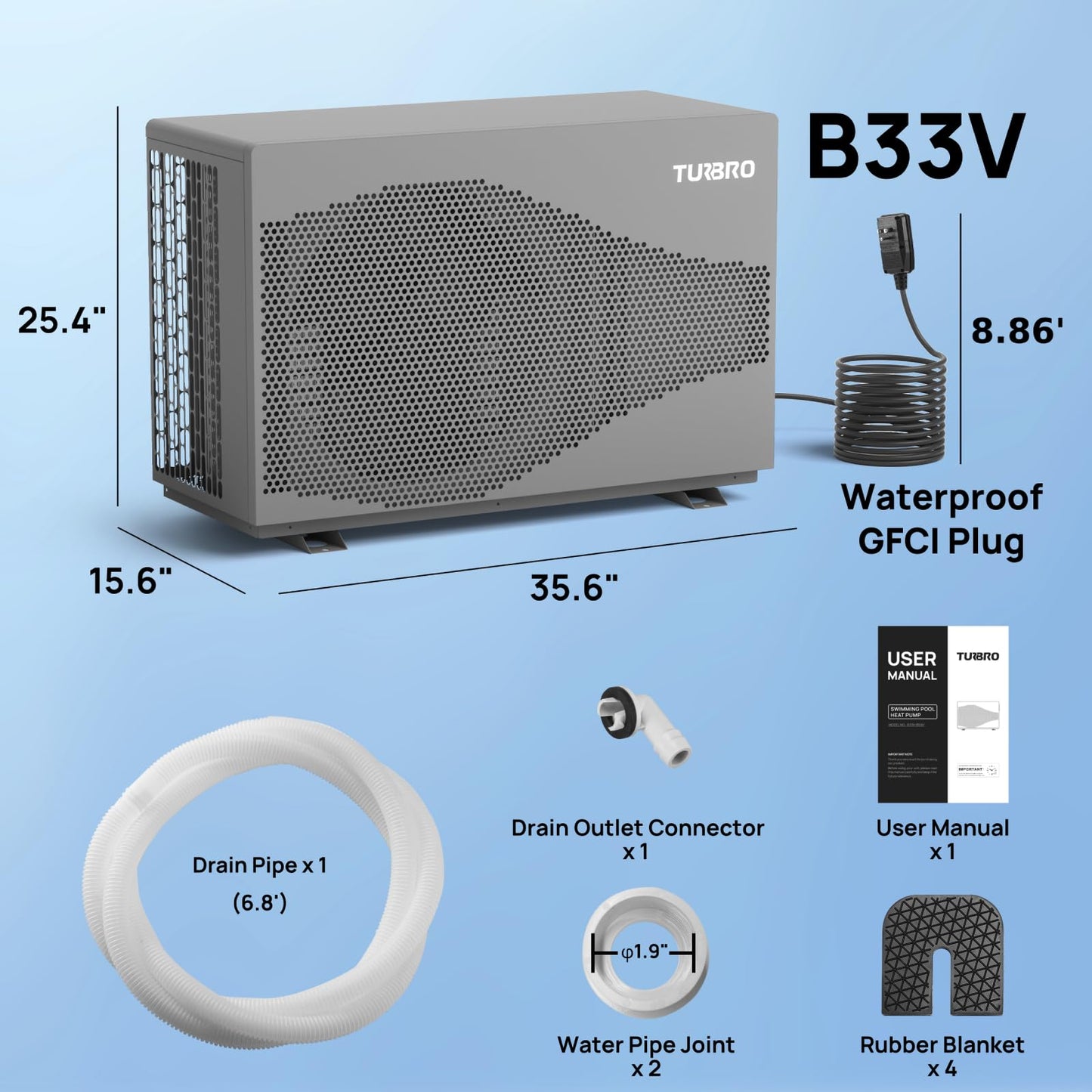 TURBRO 33,000 BTU Inverter Swimming Pool Heat Pump, Up to 10,000 Gallons, WiFi Control Electric Pool Heater for Above and Inground Pools, Heating and Cooling, Up to 15.8 COP, 110-120V, Beluga B33V