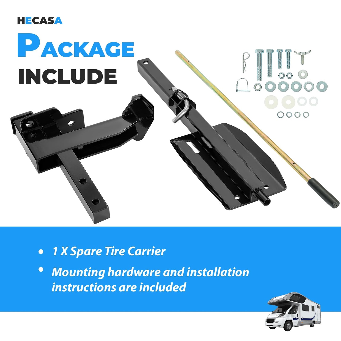 HECASA RV Spare Tire Mount Carrier Fit for 16" 16.5" 19.5" 22.5" 24" RV Wheels Dually Wheels 2" Receiver Mount, 10,000 Pounds Capacity, 400 Pounds Tongue Weight Steel Powder Coated Black