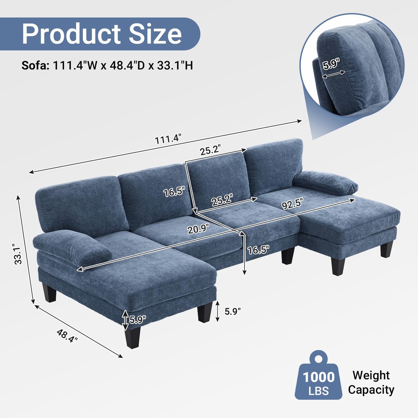 VINGLI 110" Sectional Couches for Living Room,U Shaped Couch with Double Chaise, 4-Seat Sofa Set with Corduroy Fabric for Home Furniture,Ocean Blue
