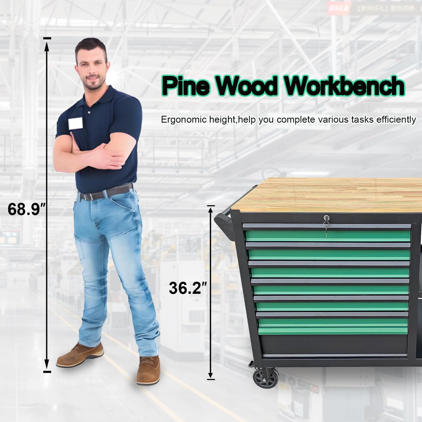 StrideoooTrek Tool Cabinet with 7 Storage Drawers, Wood Top Workbench, Brake Caster,Lockable Drawer,Black Metal Frame Tool Chest with Double Shelves for Garage, Workshop, or Outdoor Use(7 Drawers)
