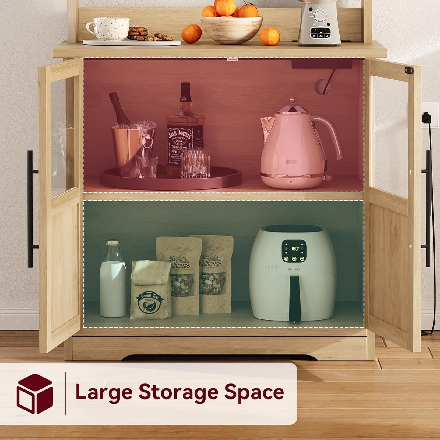 Farmhouse Bakers Rack with Power Outlet, Microwave Stand Cabinet with Thickened Countertop and Storage Shelves, Small Kitchen Coffee Bar Station, Freestanding Pantry Organizer for Dining Room