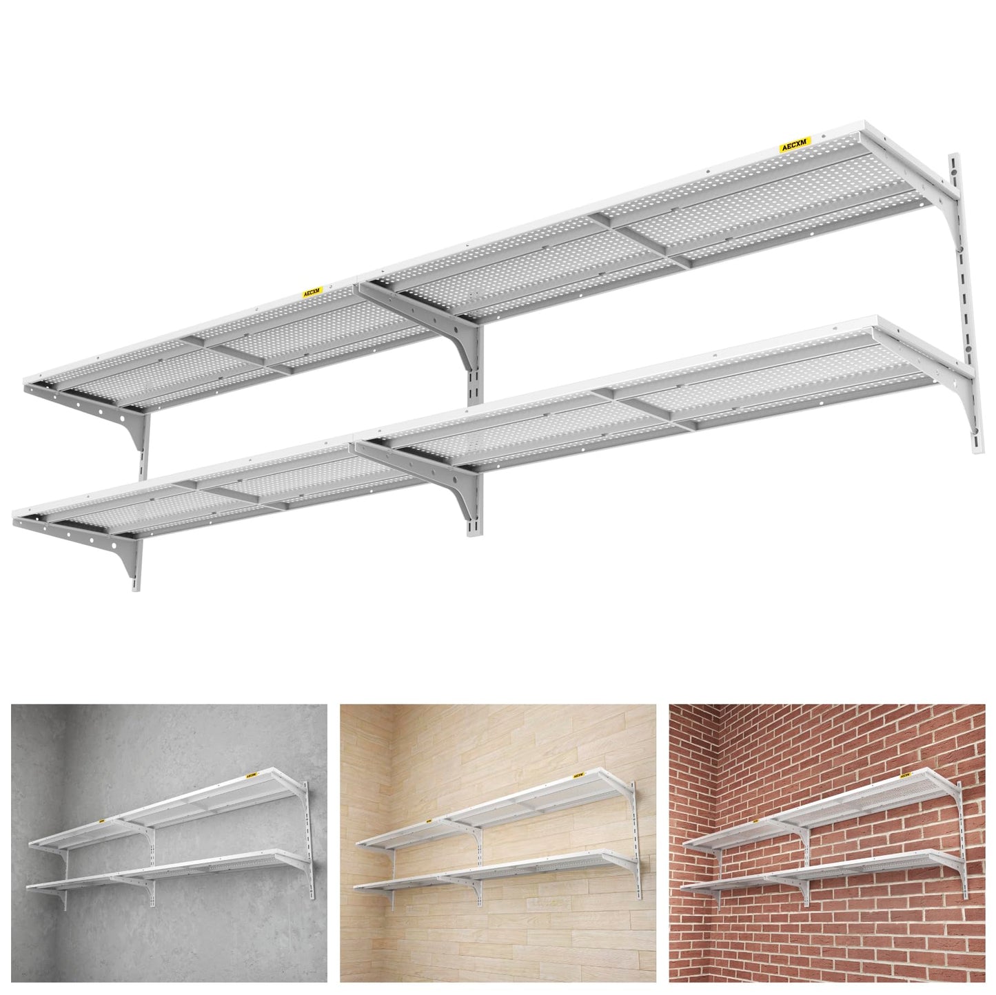 Aecxm 2-Pack 2 Tier 1.3x4ft Garage Shelving Wall Mounted, 520lbs Load Capacity，15.6x48inch per Shelf Height Cassette Adjustable Floating Shelves (White)