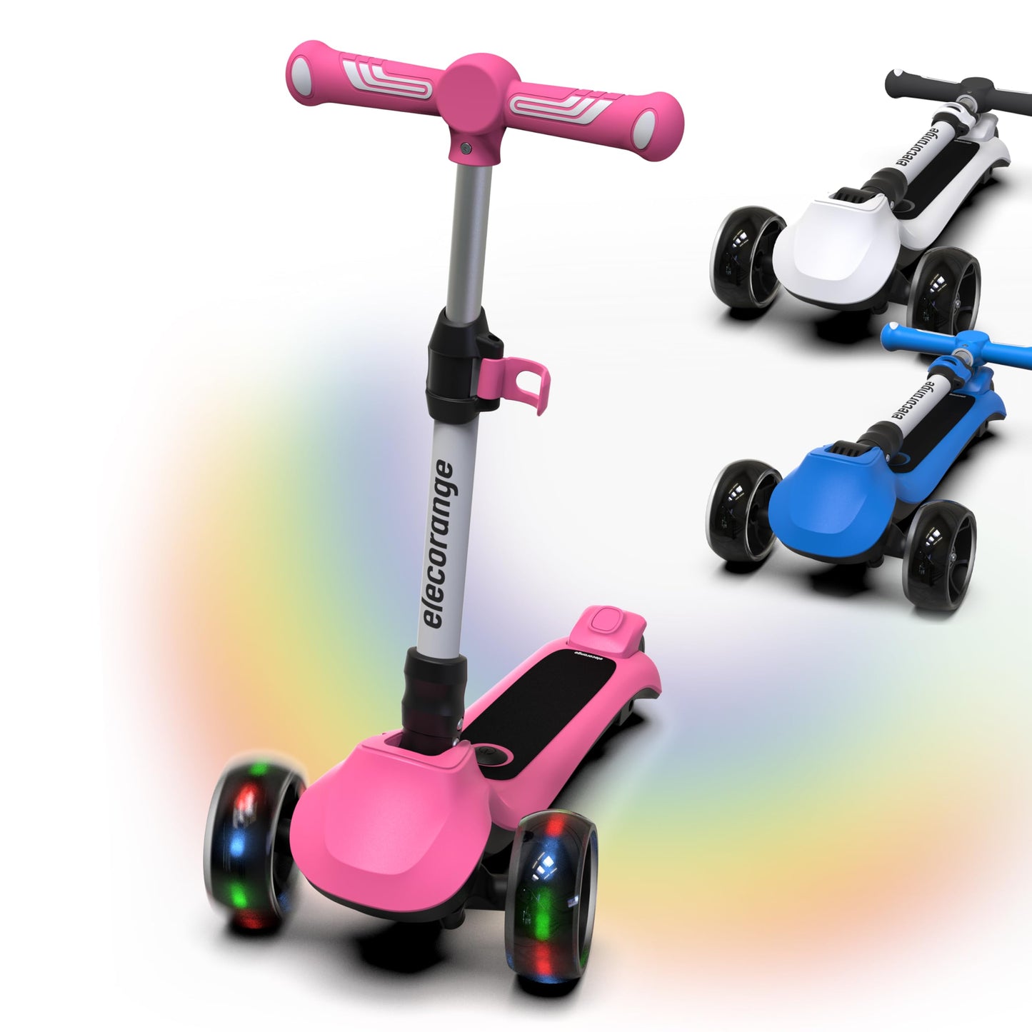 Elecorange T200 Kids Electric Scooter Ages 4-9, 3 Wheel Electric Scooters for Kids, Light Up Wheel, Flashing Deck, Long Range Rechargeable Battery, Princess Scooter Girls, Pink