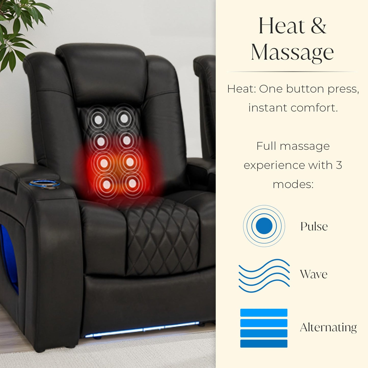 Seatcraft Virtuoso LT Black Italian Leather Home Theater Seating, Zero Gravity Power Recliner, Powered Headrest and Lumbar Gaming and Home Office Chair, Heat and Massage Lounge Sofa, Single Recliner