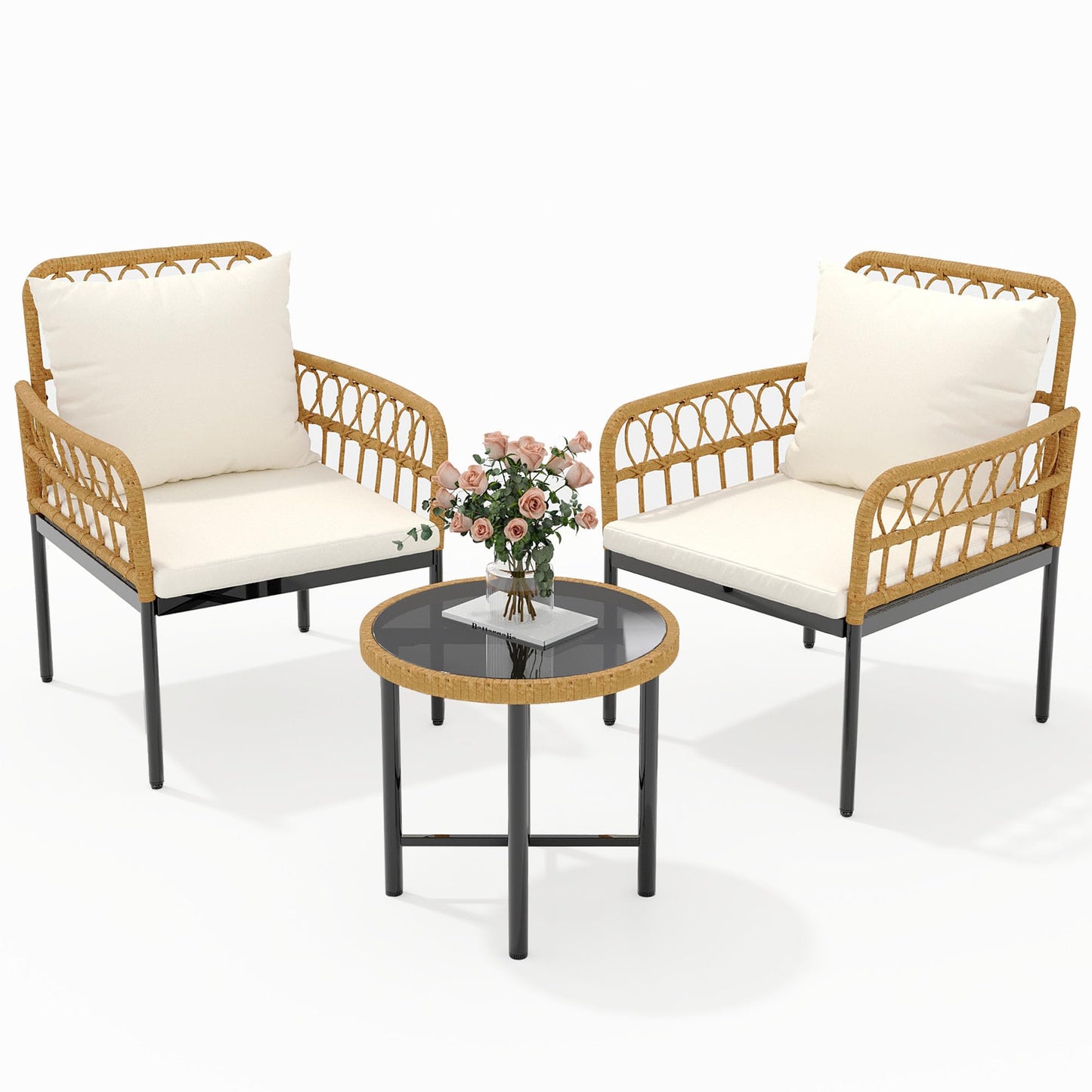 GarveeLife Wicker 3 Pieces Patio Bistro Sets Outdoor Conversation Sets with Glass Top Side Table and 2 Modern Rattan Chairs, Patio Furniture Set for Apartment, Backyard, Porch, Balcony, Lawn (Beige)