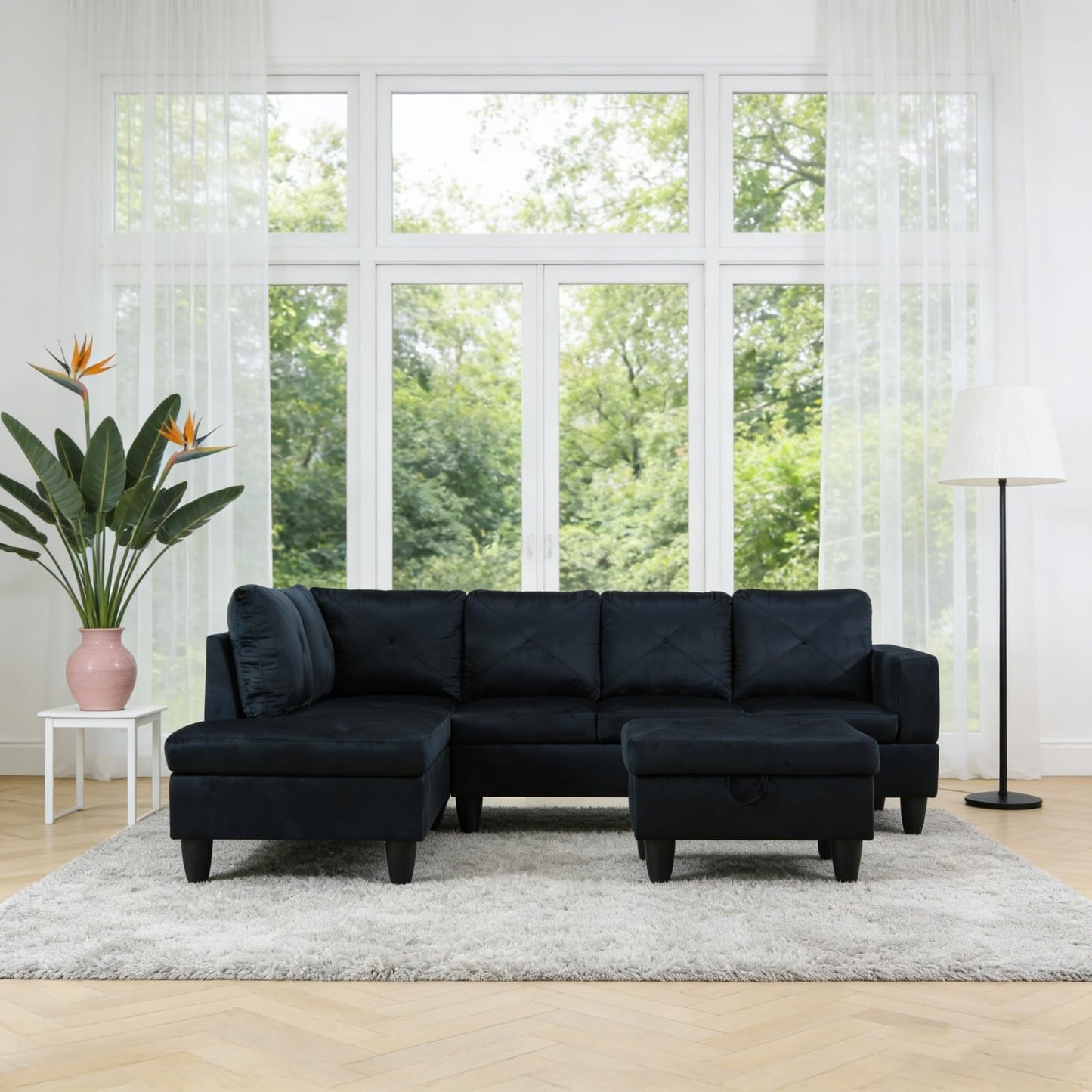 Trygoal Microfiber Sectional Couch, 97 inch L-Shape Sofa with Storage Ottoman, Modern 3-Piece Sofa Set, Contemporary Upholstered Couch Set with Solid Wood Frame for Apartment, Midnight Blue