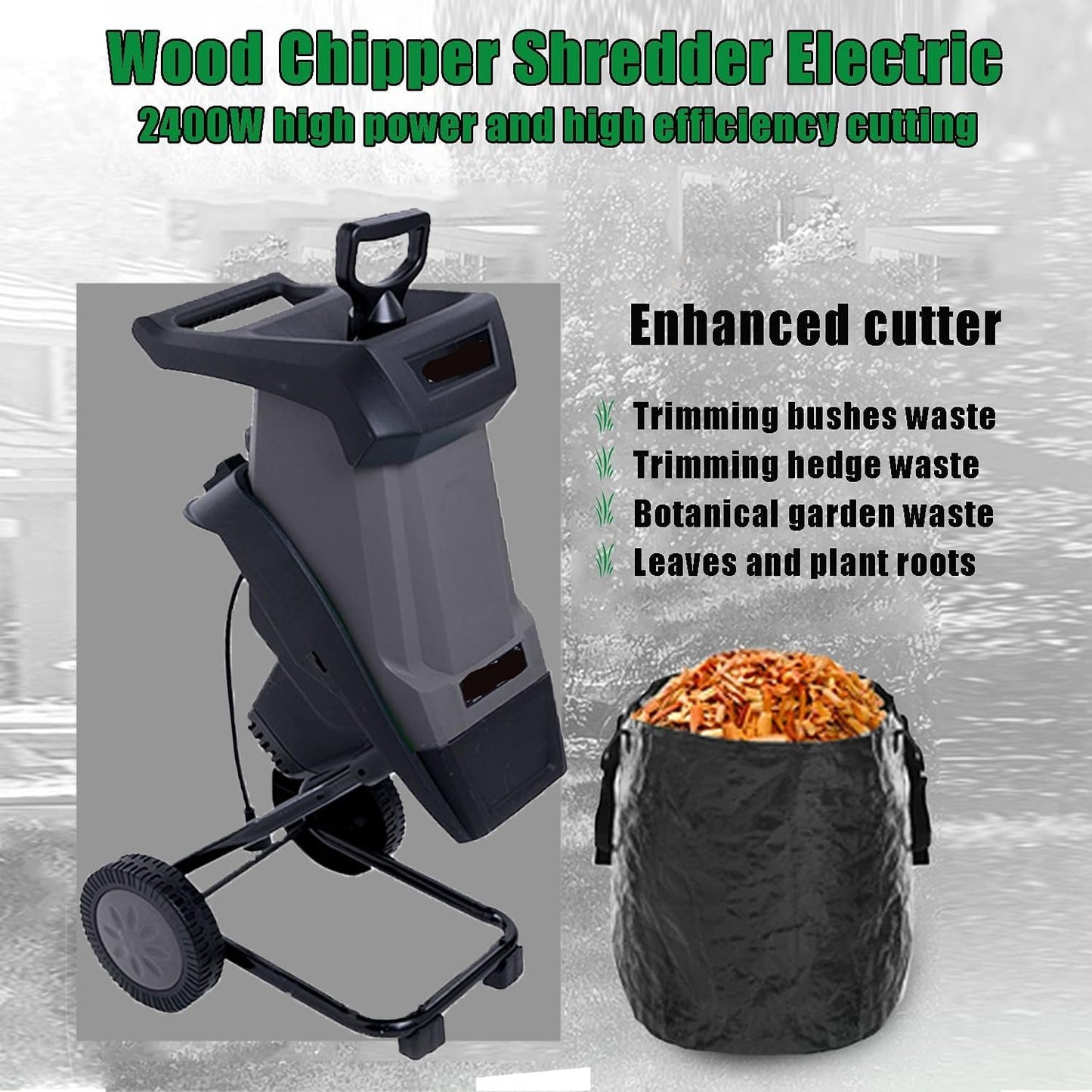 2400W Electric Wood Chipper, 4500rpm Portable Tree Branch Shredder, with 50L Collection Bag&30m Power Cord, 40mm Cutting Direct, Overload Protection Switch, for Shredding Hedge Scrap, Bush Waste