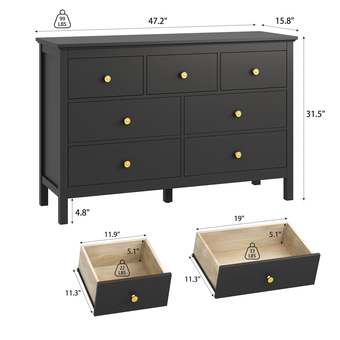LYNSOM Black Dresser for Bedroom with 7 Drawers, 47'' Wide Modern Chest of Drawer with Gold Handles, Wood Storage Dresser TV Stand Dressers for Closet, Living Room, Kids Room, Entryway