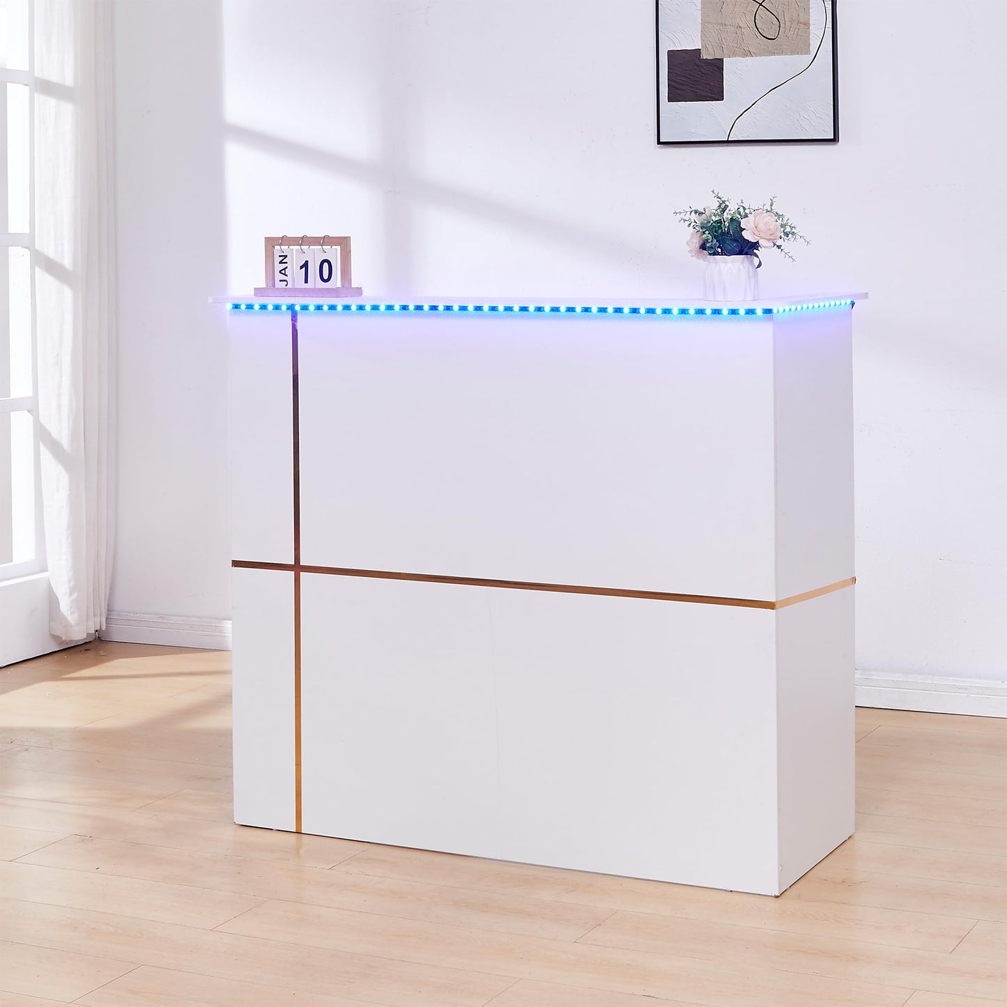 50" Reception Desk – Modern Front Desk with Lockable Drawer, Keyboard Tray, Storage Cabinet, Built-in Power Outlet, LED Lights & DIY Stripe – Ideal for Lobbies, Salons & Retail
