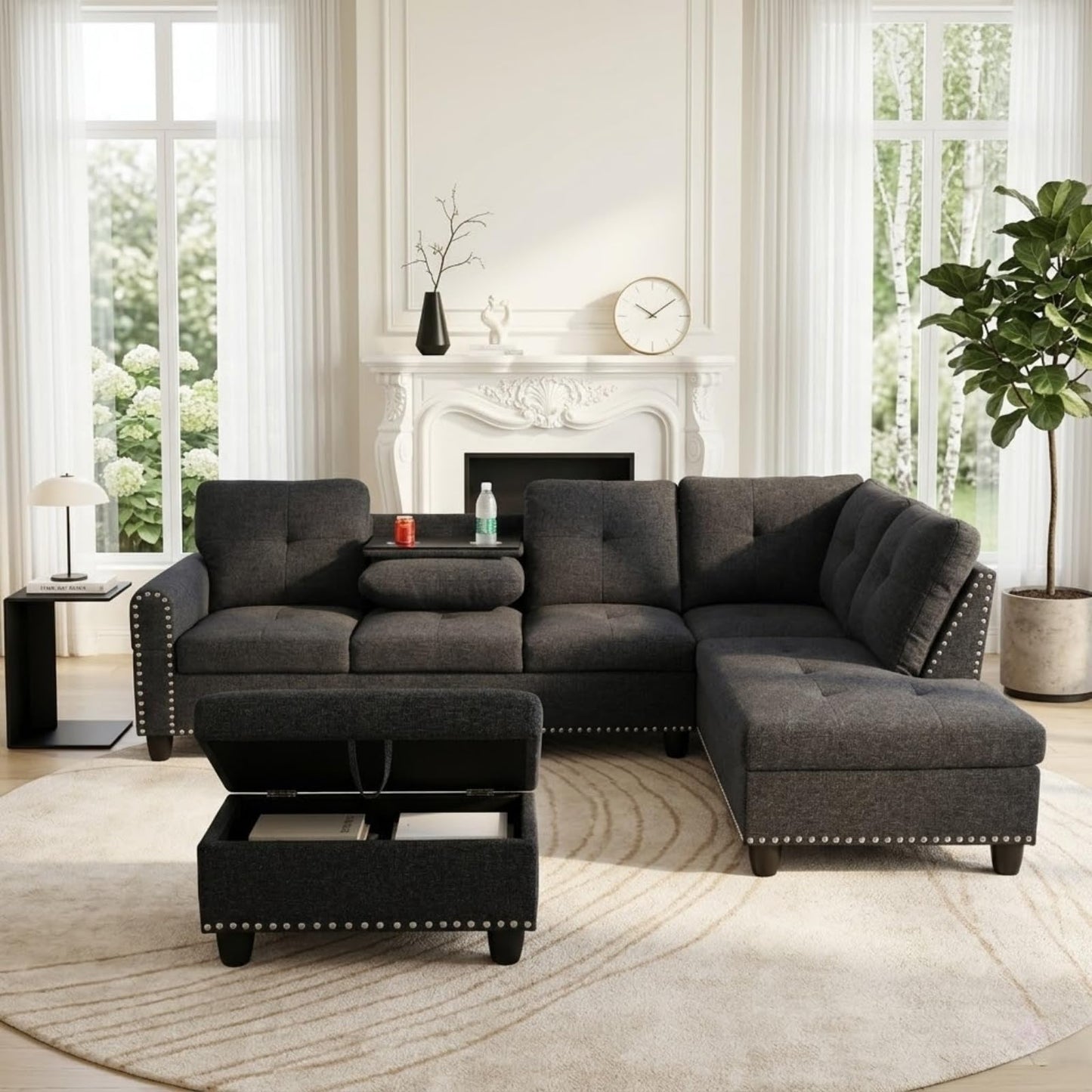 Trygoal L-Shape Sofa with Storage Ottoman & Reversible Coffee Table, Linen Sectional Couch with Right Chaise, 3-Piece Sofa Set for Living Room, Upholstered Couch Set with Solid Wood Frame, Black Grey
