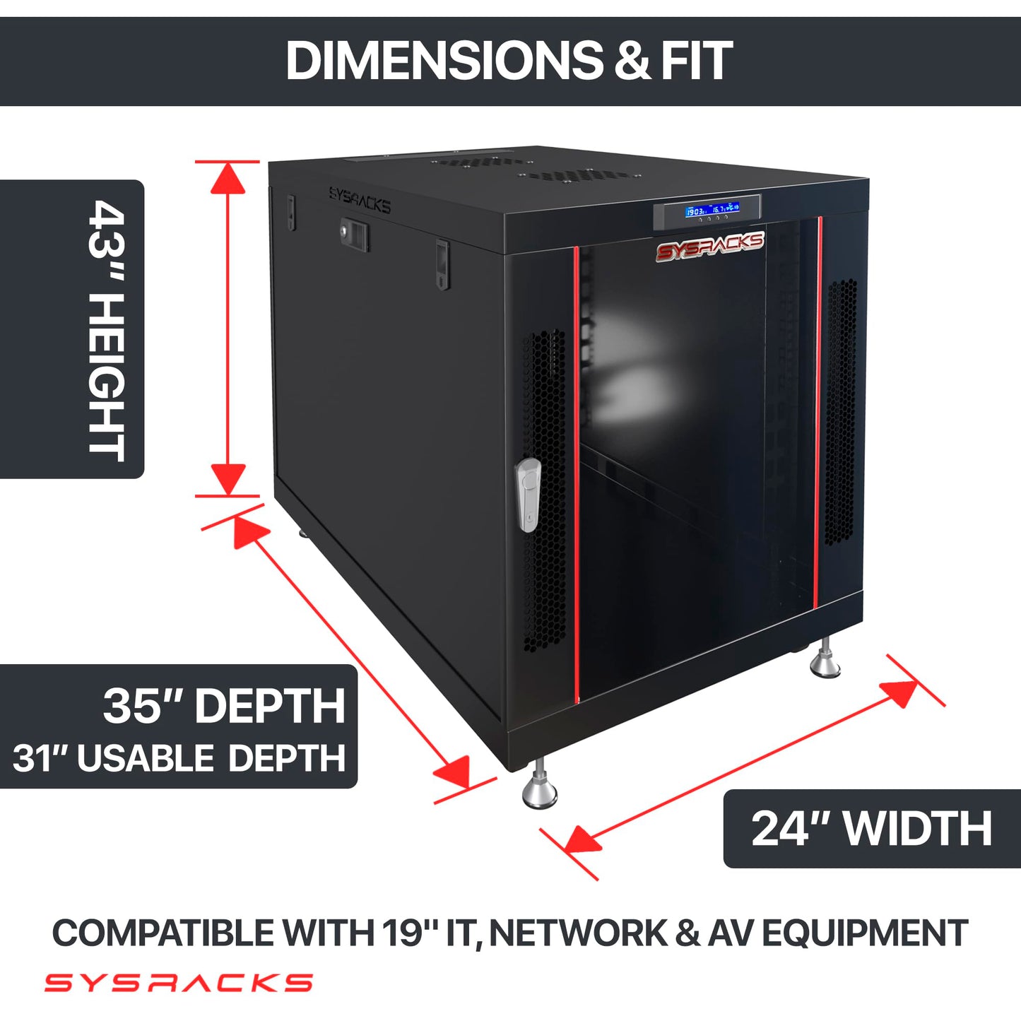 Sysracks 22U Premium Rack Mount Server 35" Depth Deep Network Cabinet, Server Rack with Fan, Removable Side Panels, Locking Glass Door Computer Cabinet Enclosure Network Rack Case PR 22.900