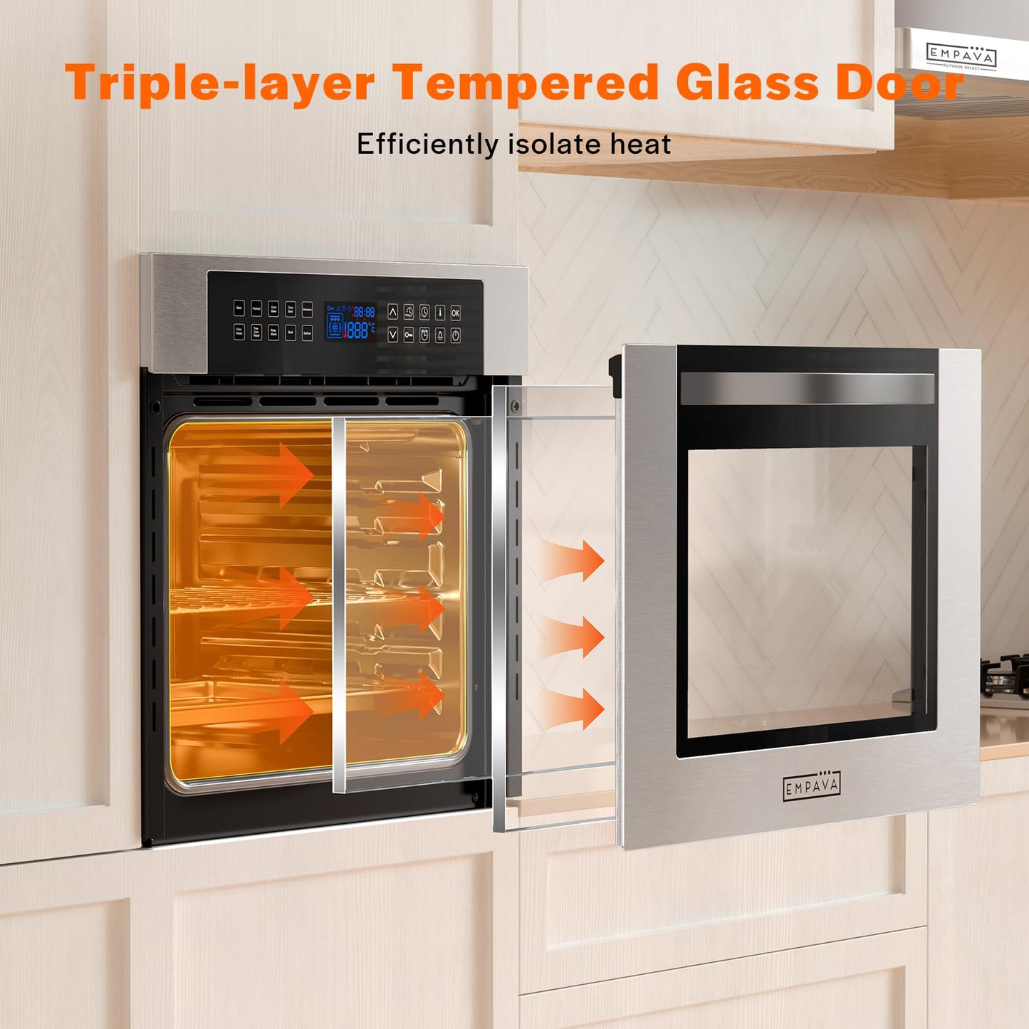 Empava Built-In Electric Single Wall Oven 24 inch with Convection and Rotisserie 10 Cooking Modes, Screen Touch Control, Stainless Steel