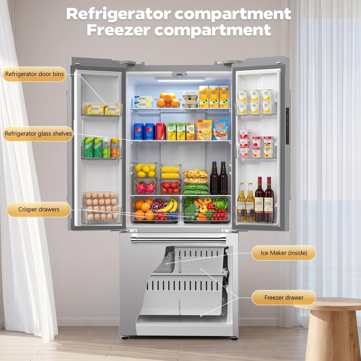 Electactic 17.5 Cu.Ft Compact Refrigerator with Ice maker, Powerful Cooling, Quiet Operation, LED Light, Door Alarm, Suitable for Home, Dorm and Office,Stainless Steel