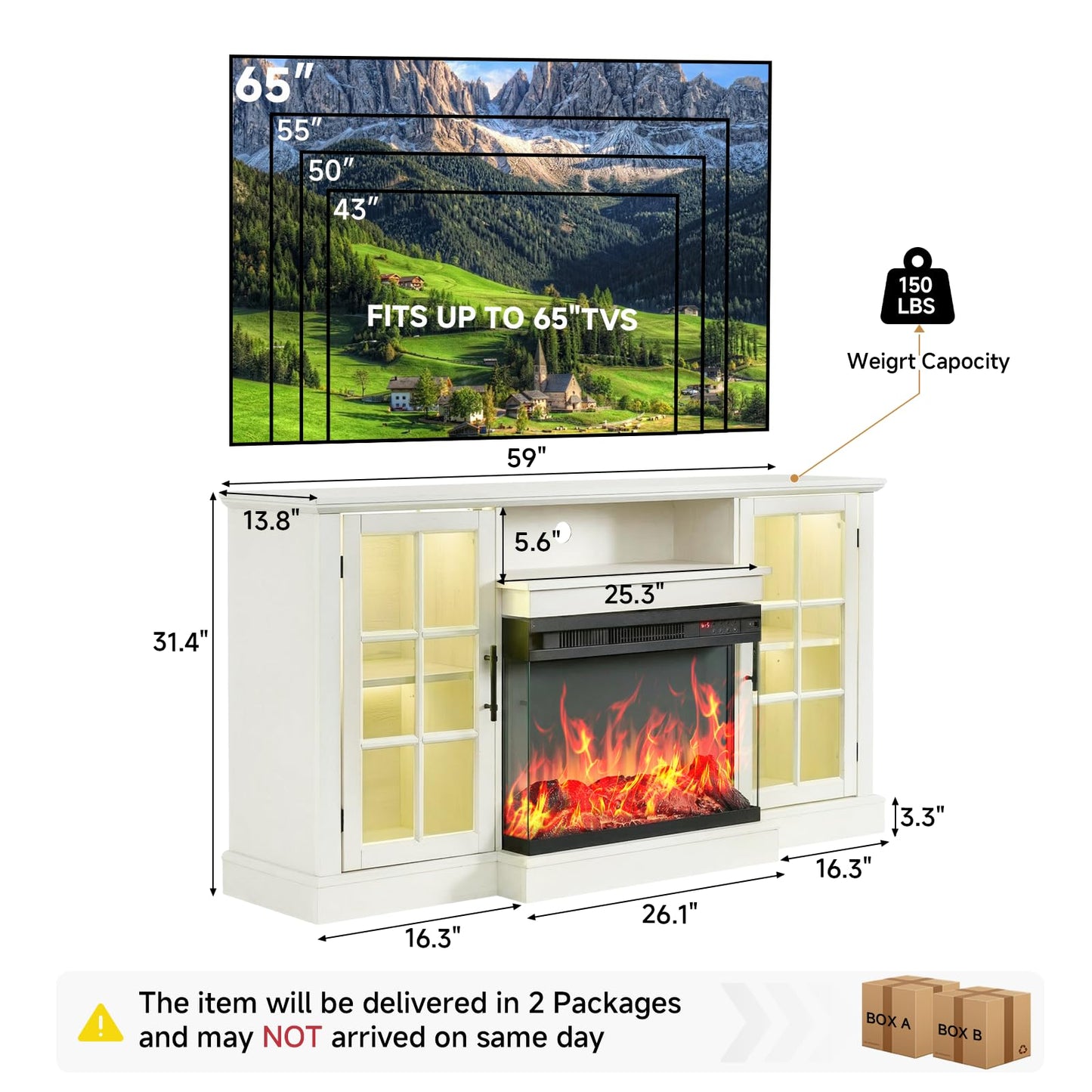 ROCKPOINT 3 Sided Glass 59" Fireplace TV Stand for TVs up to 65inch, Media Entertainment Center with Storage Cabinet,24" Electric Fireplace with LED Light and Flame Colors, White