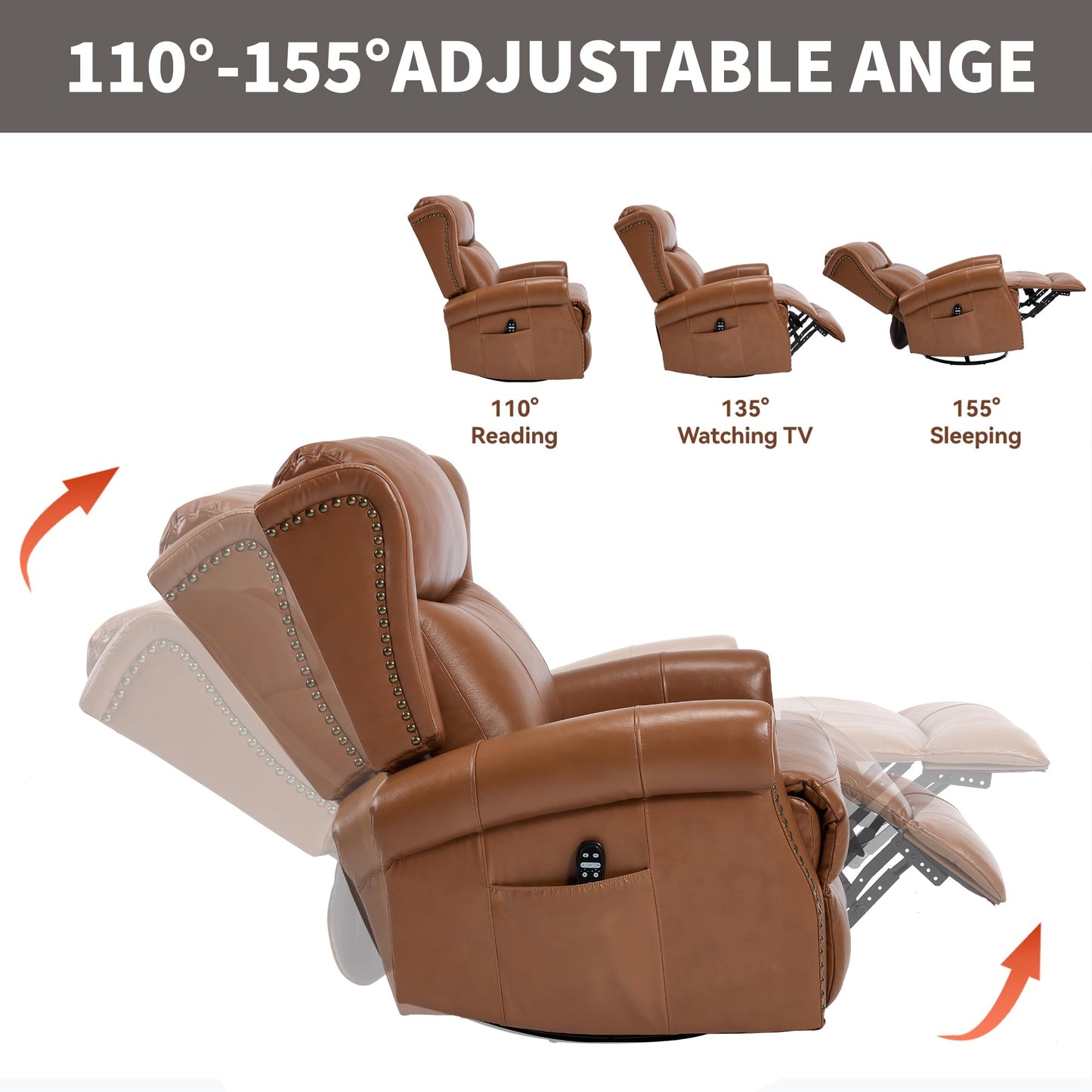 Heat Massage Manual Recliner Chair with Rocking and 360° Swivel Base, Genuine Leather Recliner Chair with Lumbar Heat, 8-Point Vibration Massage, 155° Reclining Living Room Chair, Dark Yellow