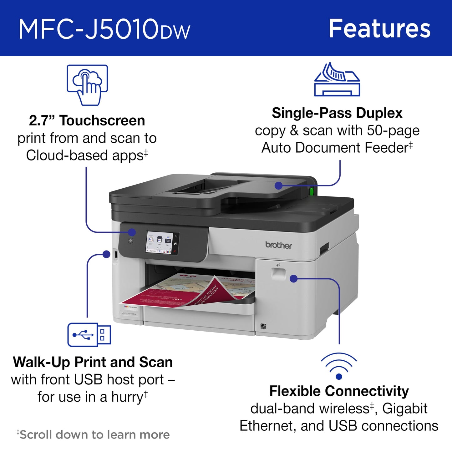 Brother INKvestment 5010 Wireless Color Inkjet All-in-One Printer with Automatic 2-Sided Copy & Scan with 2.7” Color Touchscreen (MCF-J5010DW)