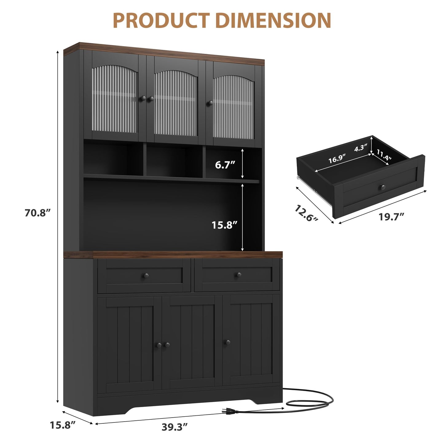 Garvee 71" Pantry Cabinet with Charging Station, Tall Kitchen Pantry Storage Cabinet with Microwave Stand, Farmhouse Kitchen Hutch with Storage Drawers for Living Room, Dining Room, Black