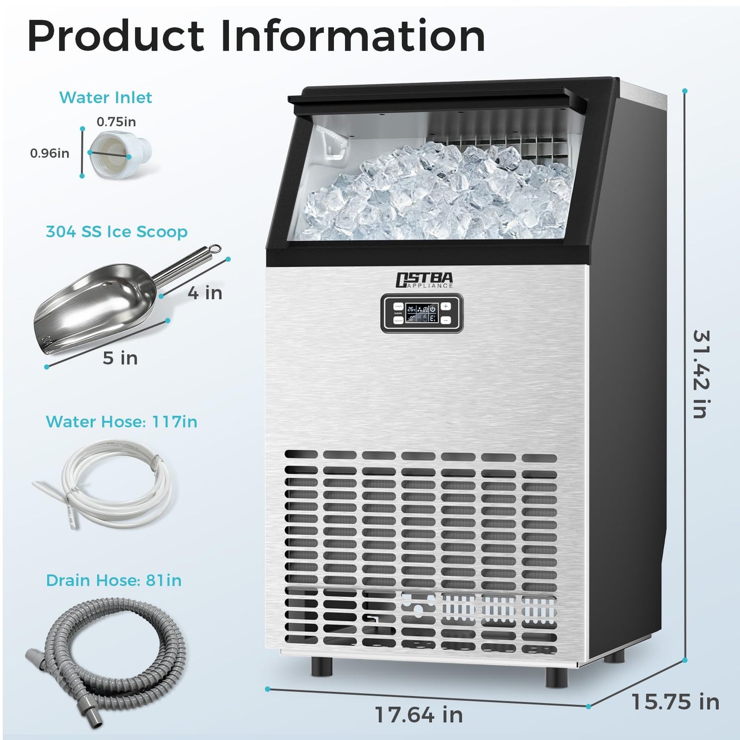 Commercial Ice Maker Machine, 100Lbs/24H Under Counter Ice Machine, 45 Clear Ice Cubes in 10–15 Mins, 33Lbs Storage Bin, Self-Cleaning Stainless Steel Ice Maker for Bar Restaurant Home Kitchen