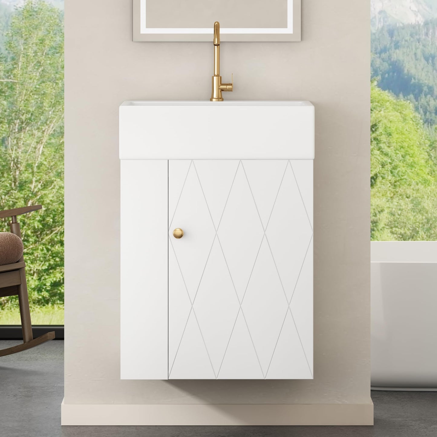 20" Floationg Wall-Mounted Bathroom Vanity with Ceramic Sink, Adjustable Shelf, Toilet Paper Holder, Modern Style, Door with Diamond Design, White